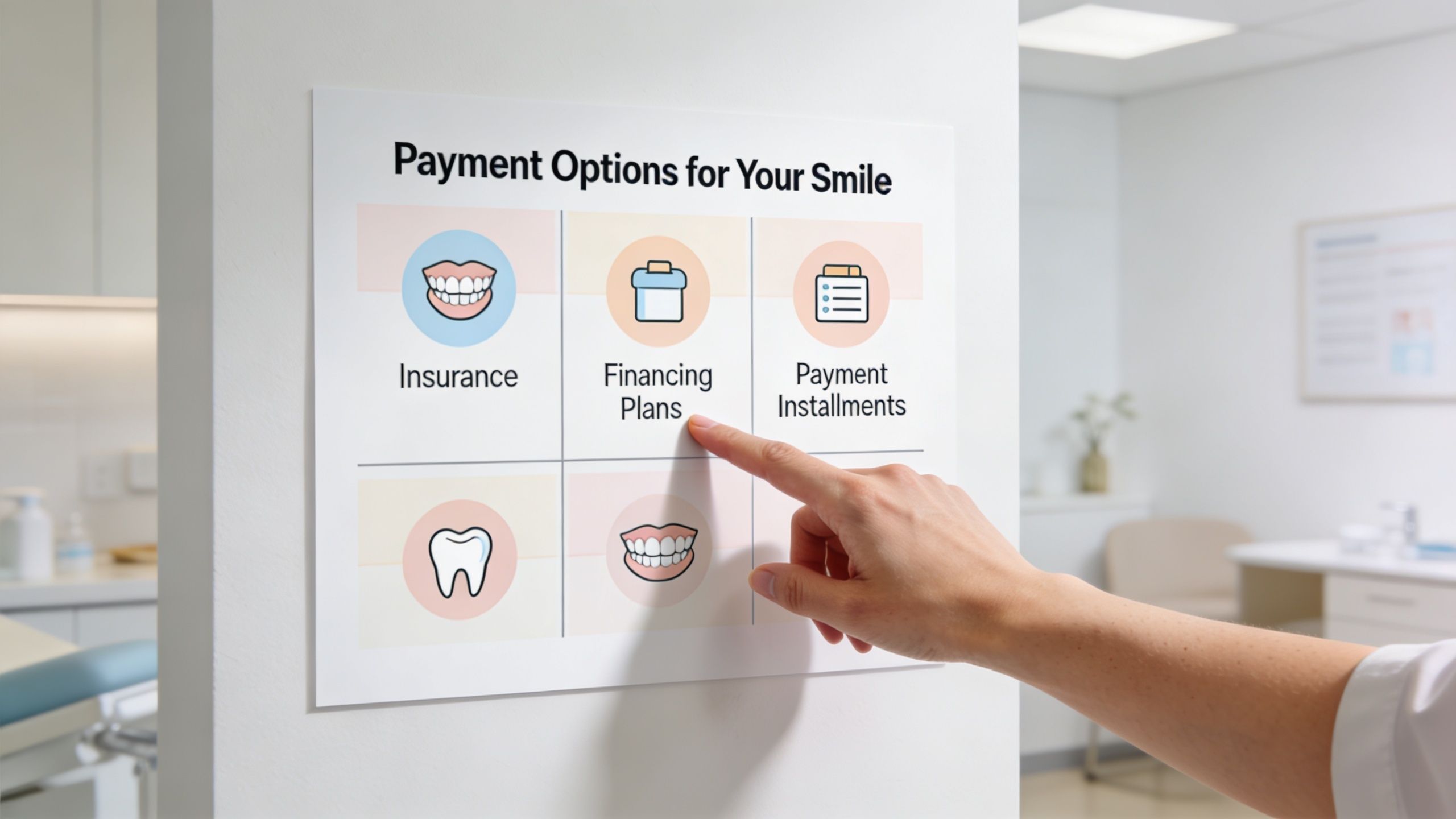 A hand points to a chart on a wall titled Payment Options for Your Smile.