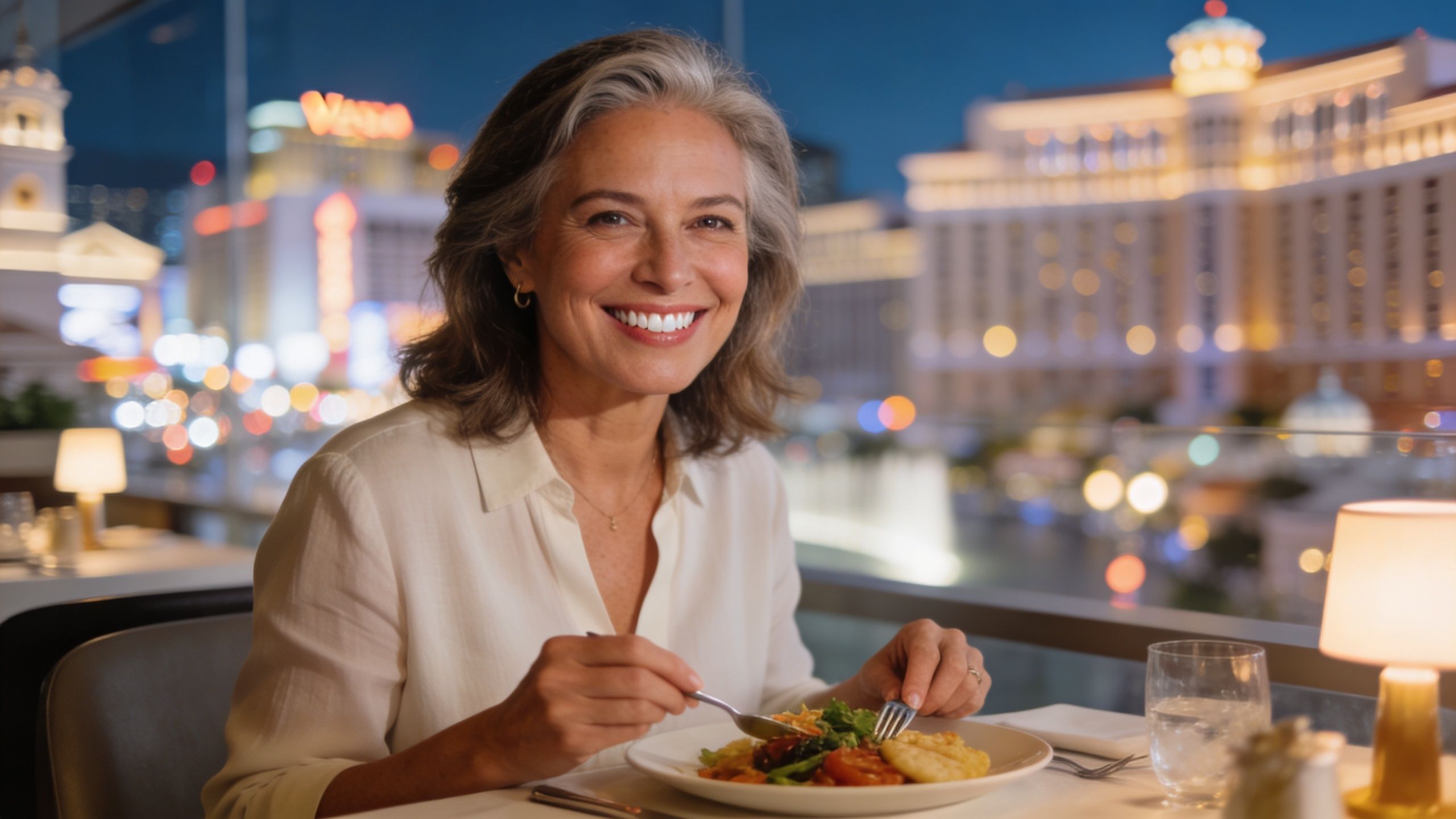 A happy middle-aged woman with a bright smile enjoys a meal at an elegant outdoor restaurant.