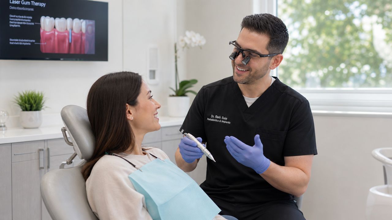 A friendly periodontist discussing gum recession treatment options with a patient in a modern dental office.