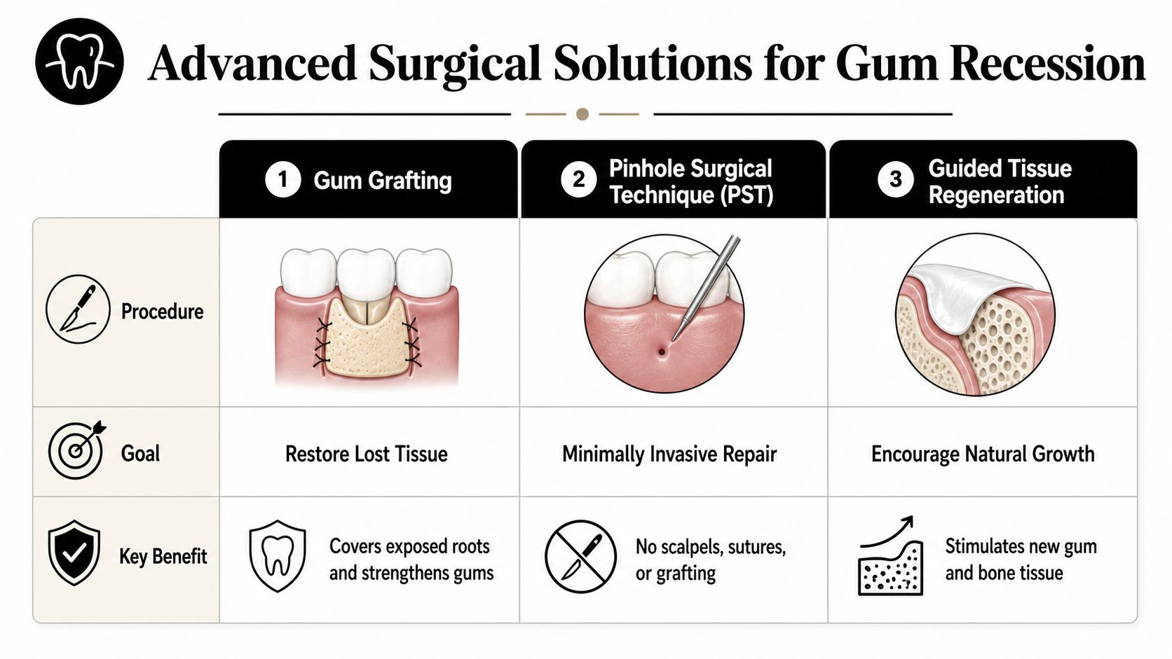 An infographic showing three advanced surgical procedures to treat gum recession, including gum grafting, Pinhole Technique, and regeneration.