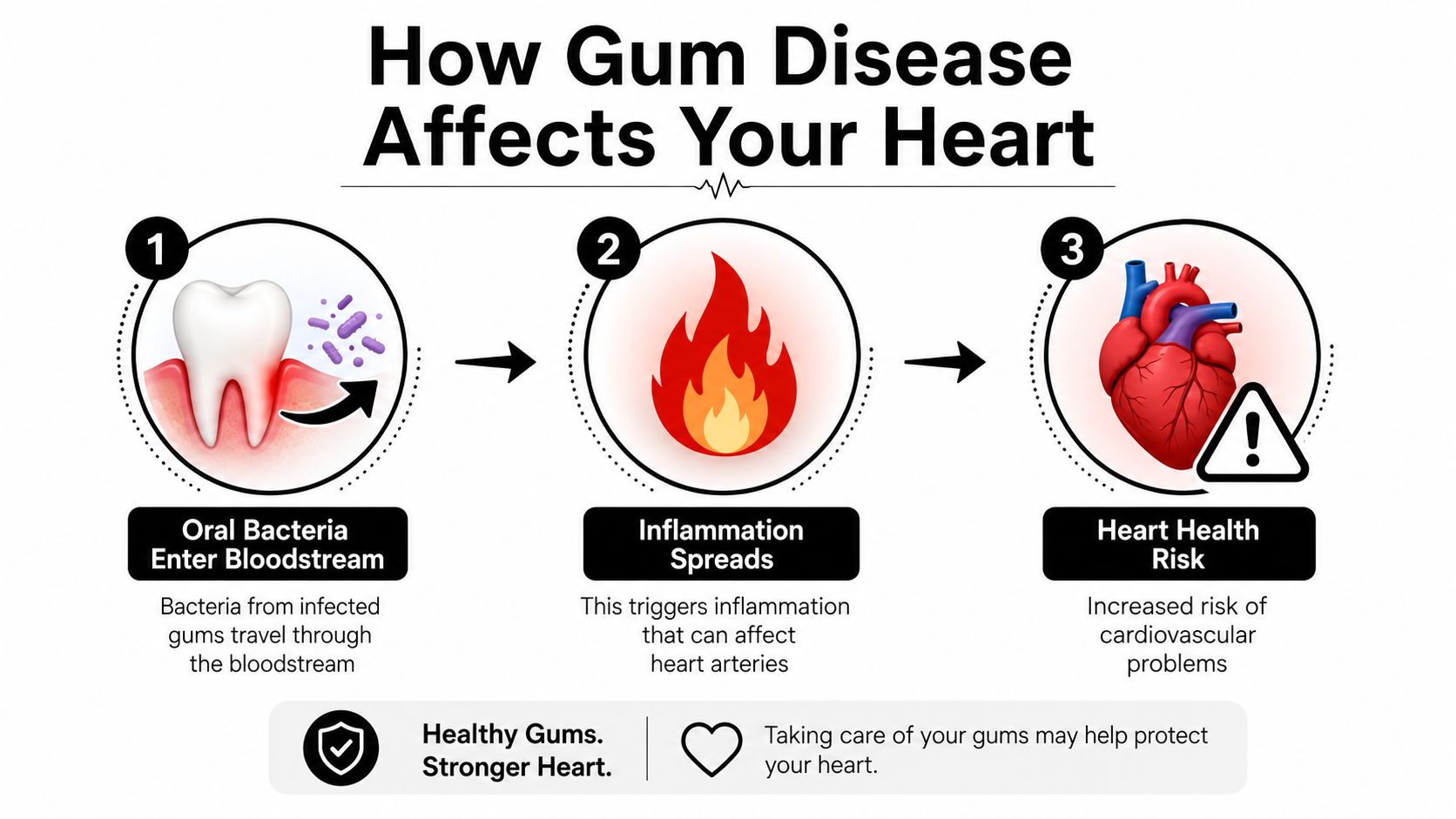 A three-step infographic illustrating how gum disease and oral bacteria spread inflammation, increasing cardiovascular heart health risks.