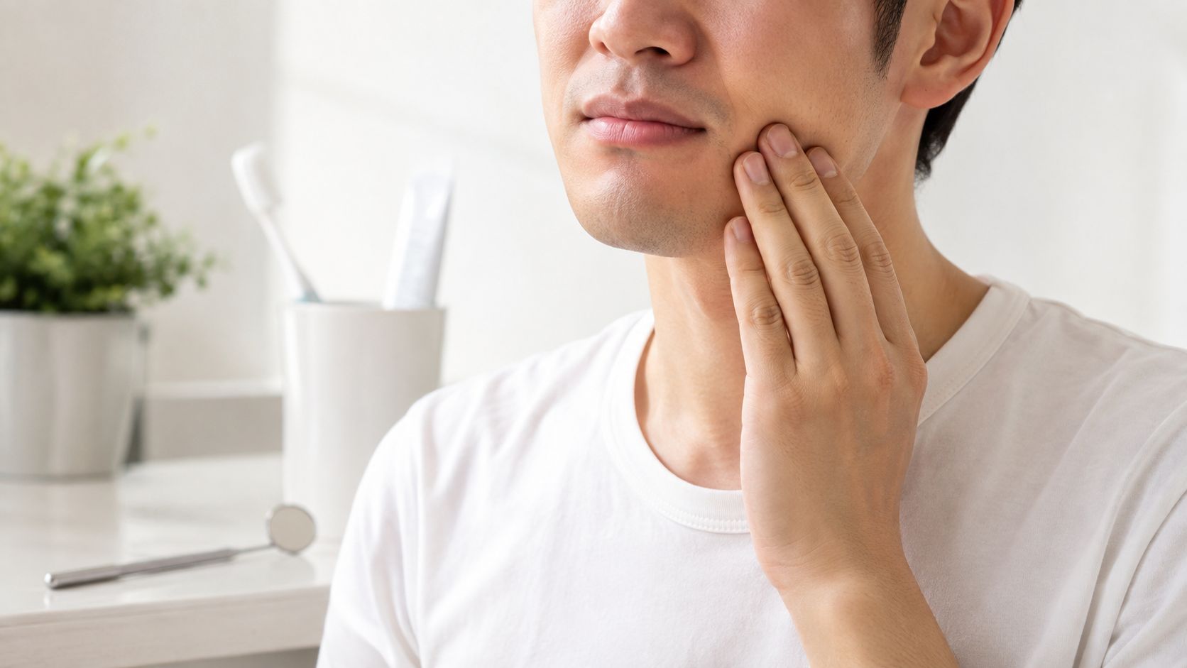 A man touching his cheek due to toothache while standing near dental supplies in a bathroom.