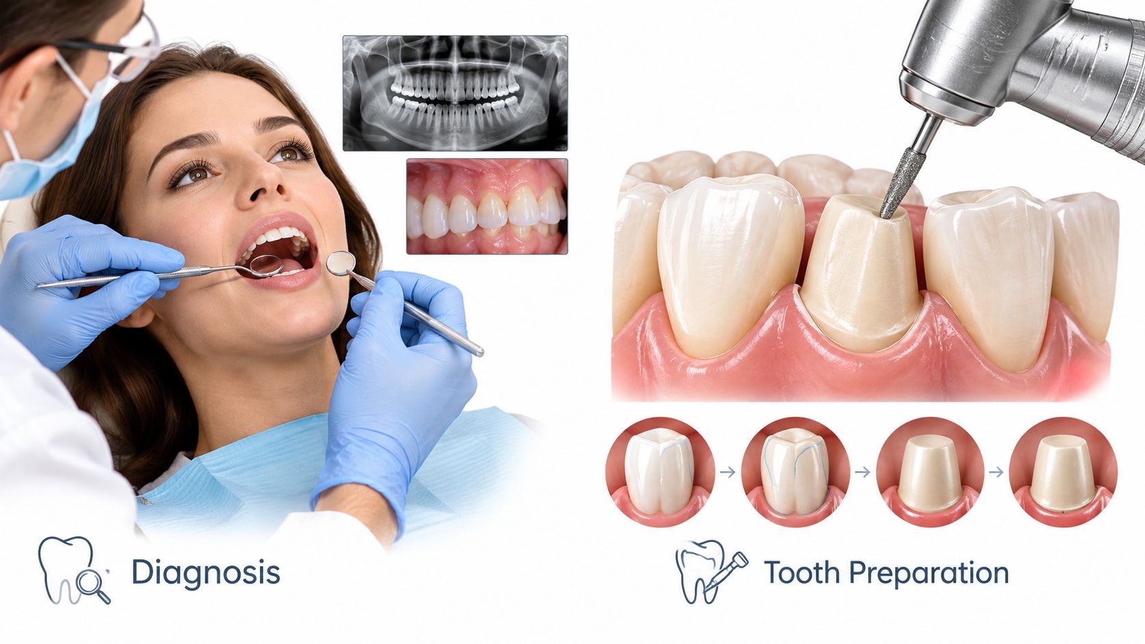 A dentist examines a patient while illustrations show the dental crown procedure and tooth preparation process.