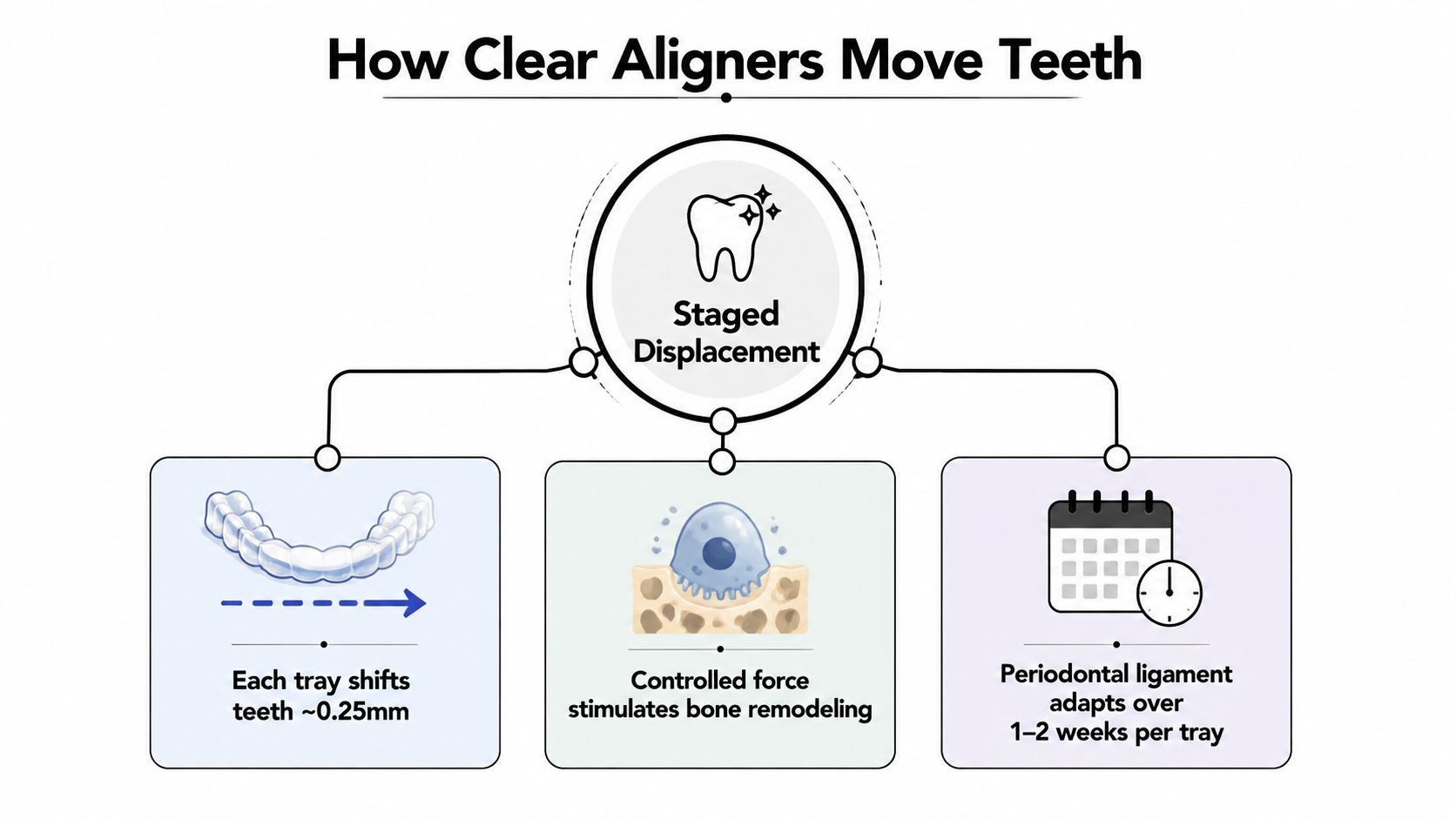 A diagram explaining how clear aligners move teeth through staged displacement, bone remodeling, and scheduled tray changes.