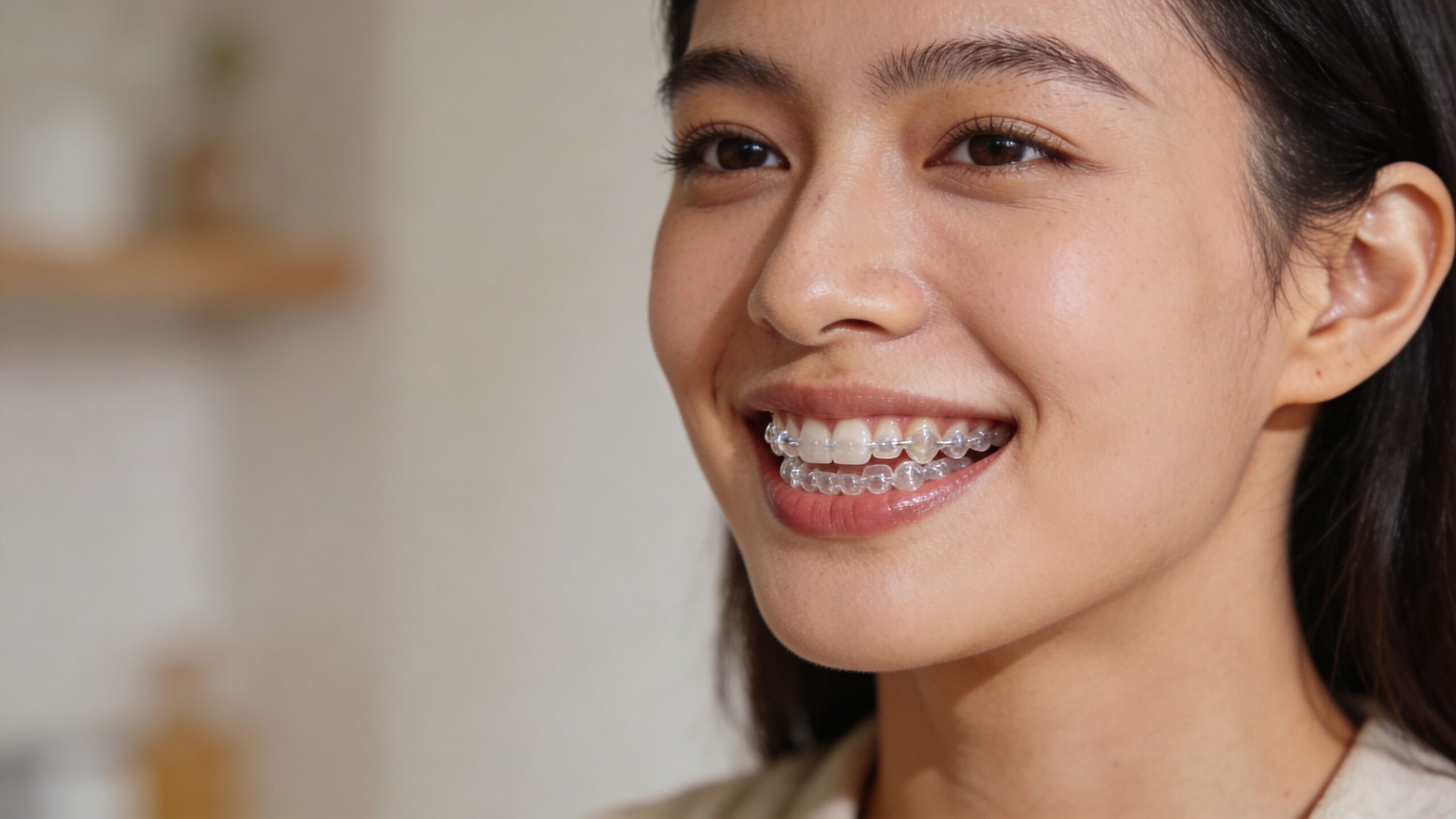 A young woman smiling brightly while wearing clear plastic Invisalign aligner trays on her teeth.