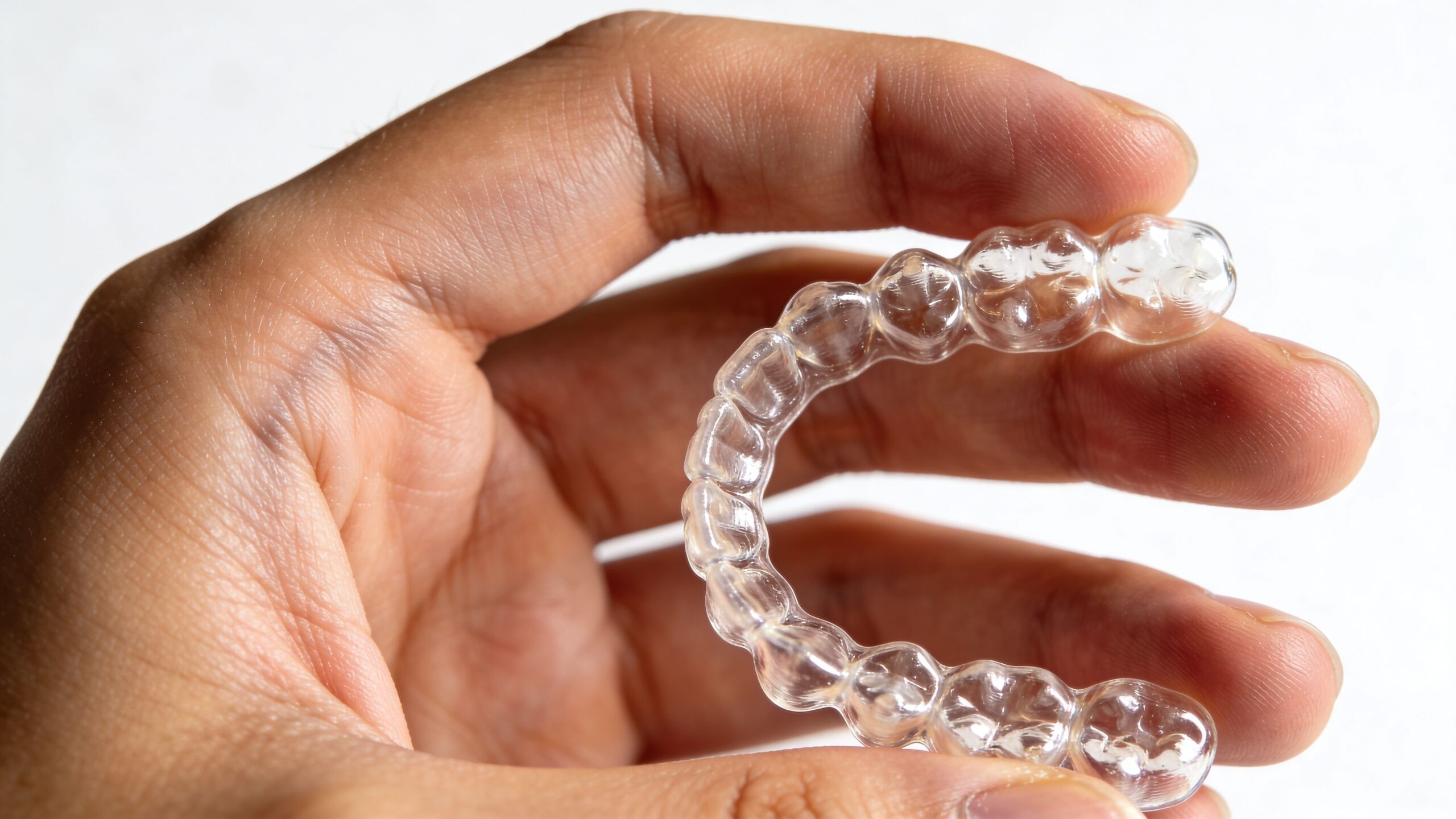 A person holding a transparent plastic dental aligner tray between their fingers against a plain white background.