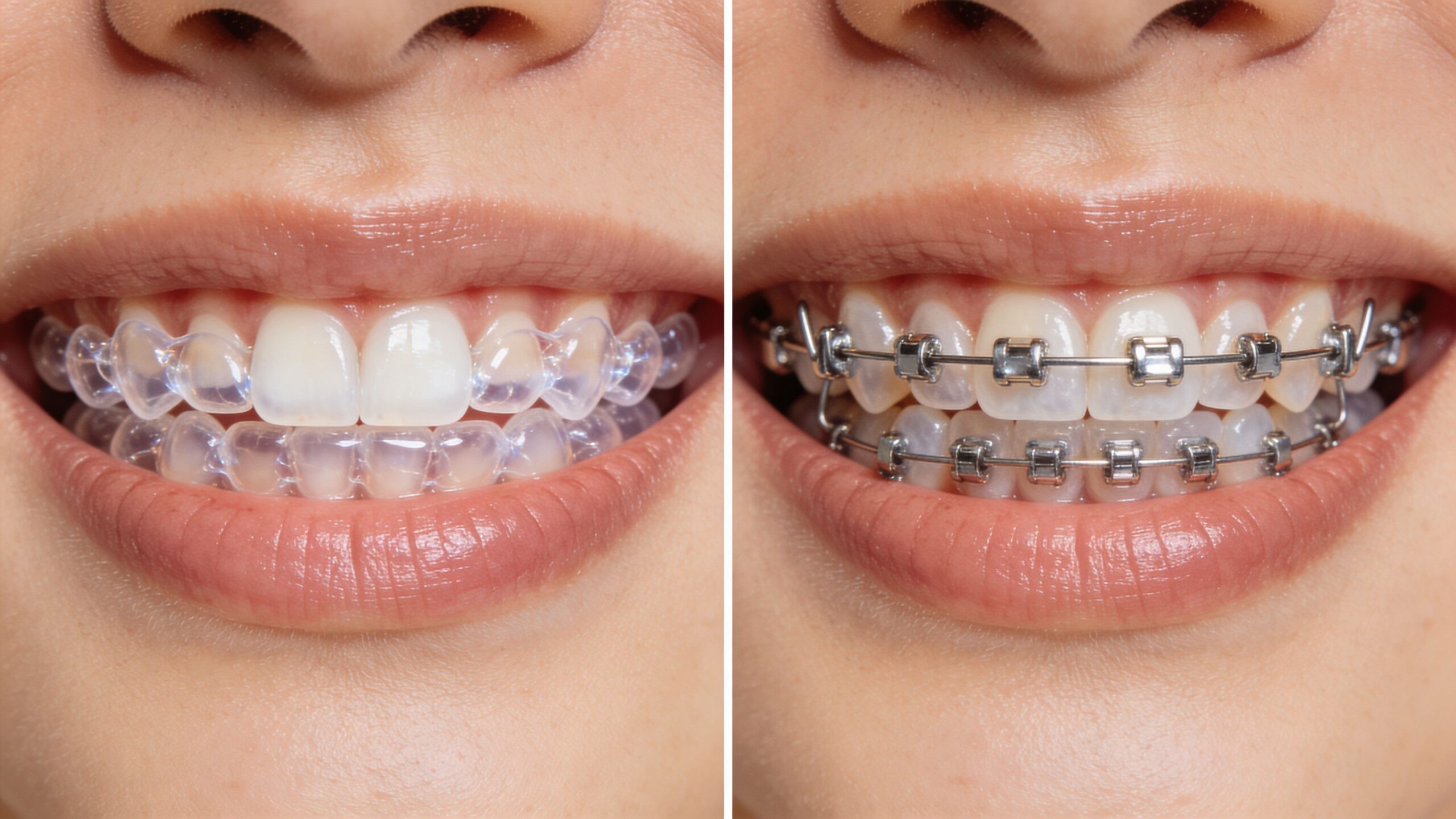 A split image comparing clear plastic teeth aligners on the left with traditional metal braces on the right.