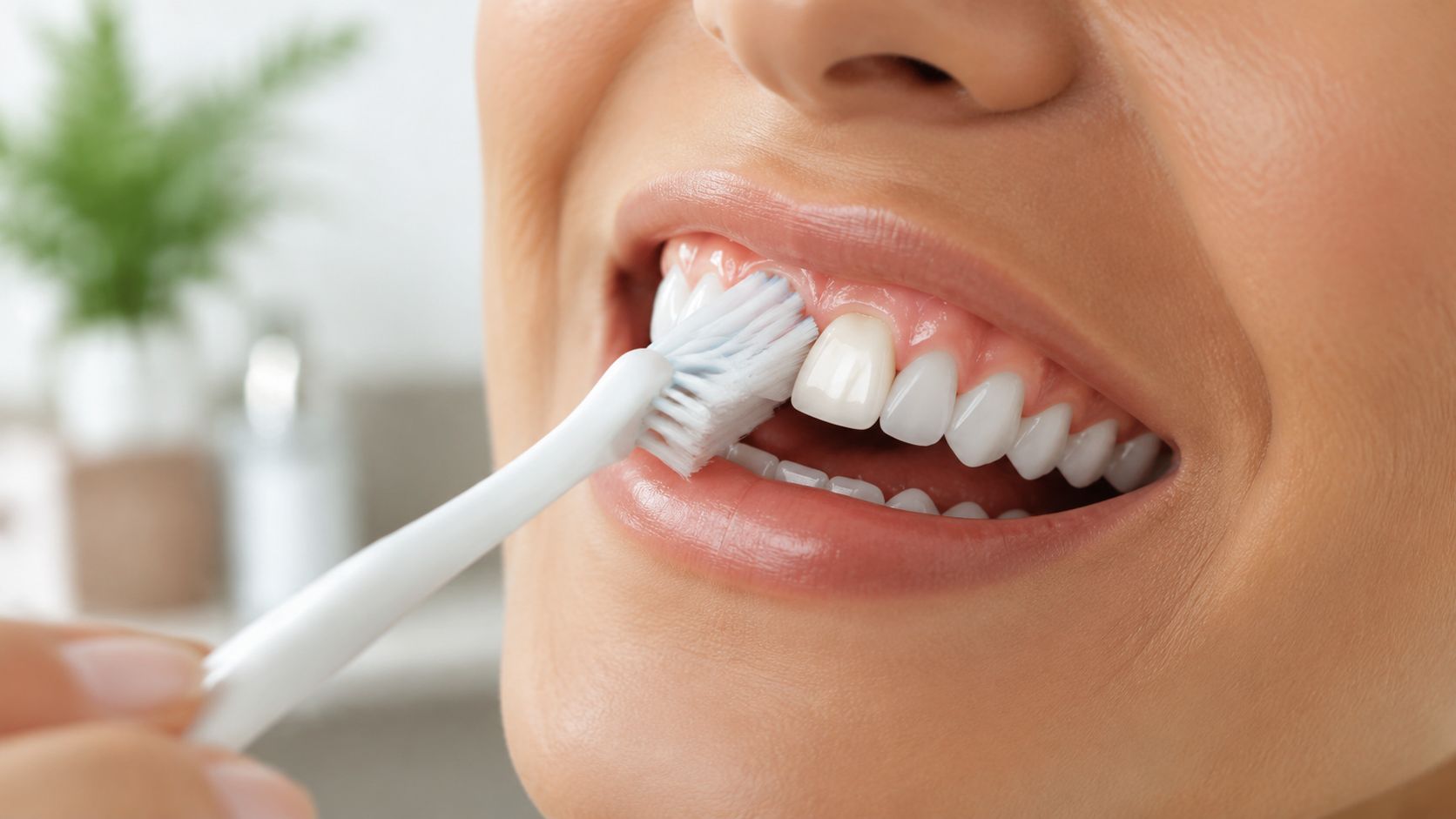 A close-up view of a person using a toothbrush to clean their teeth with porcelain crowns.