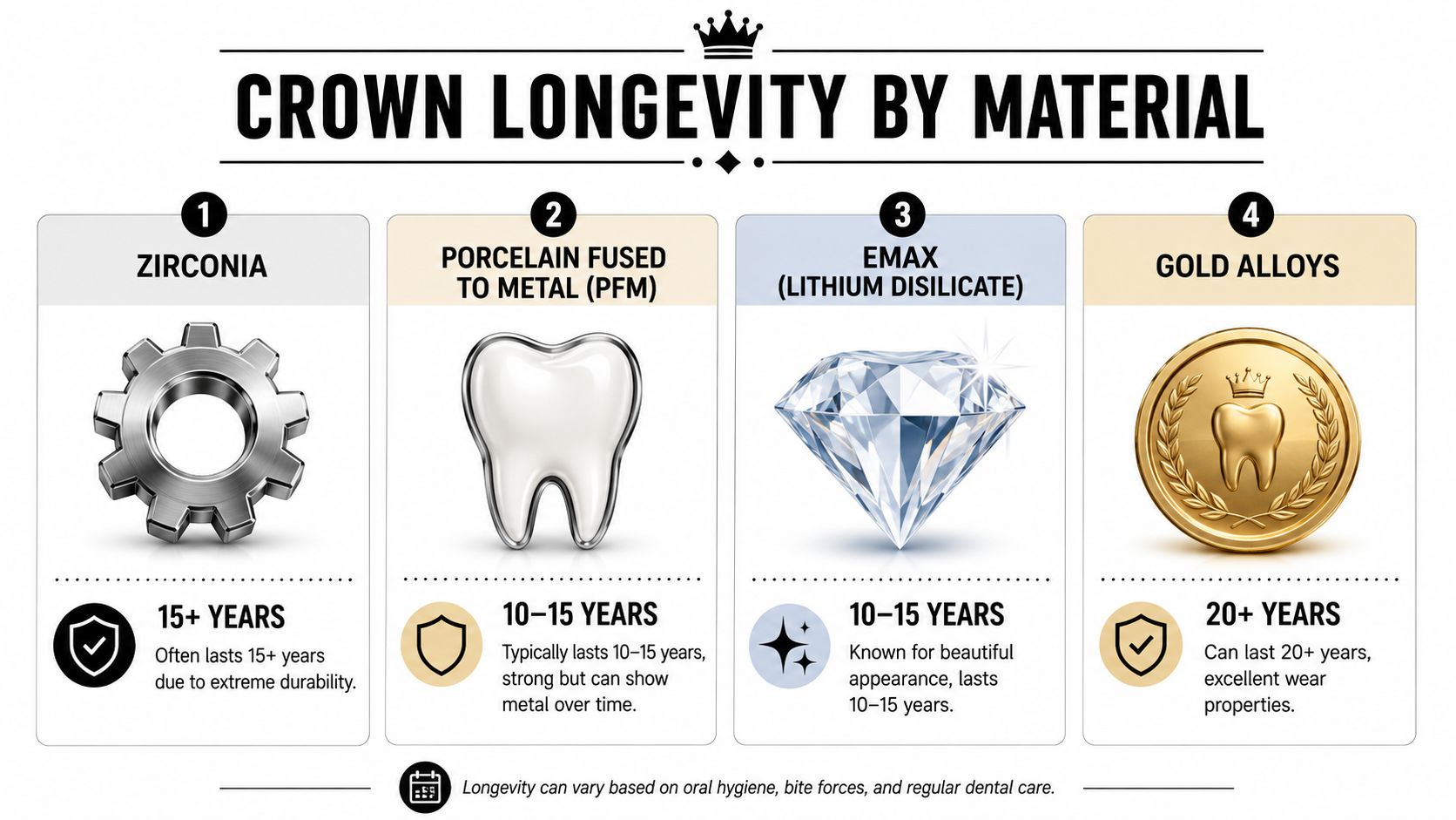 A dental infographic comparing the longevity of Zirconia, PFM, Emax, and Gold Alloy dental crowns.