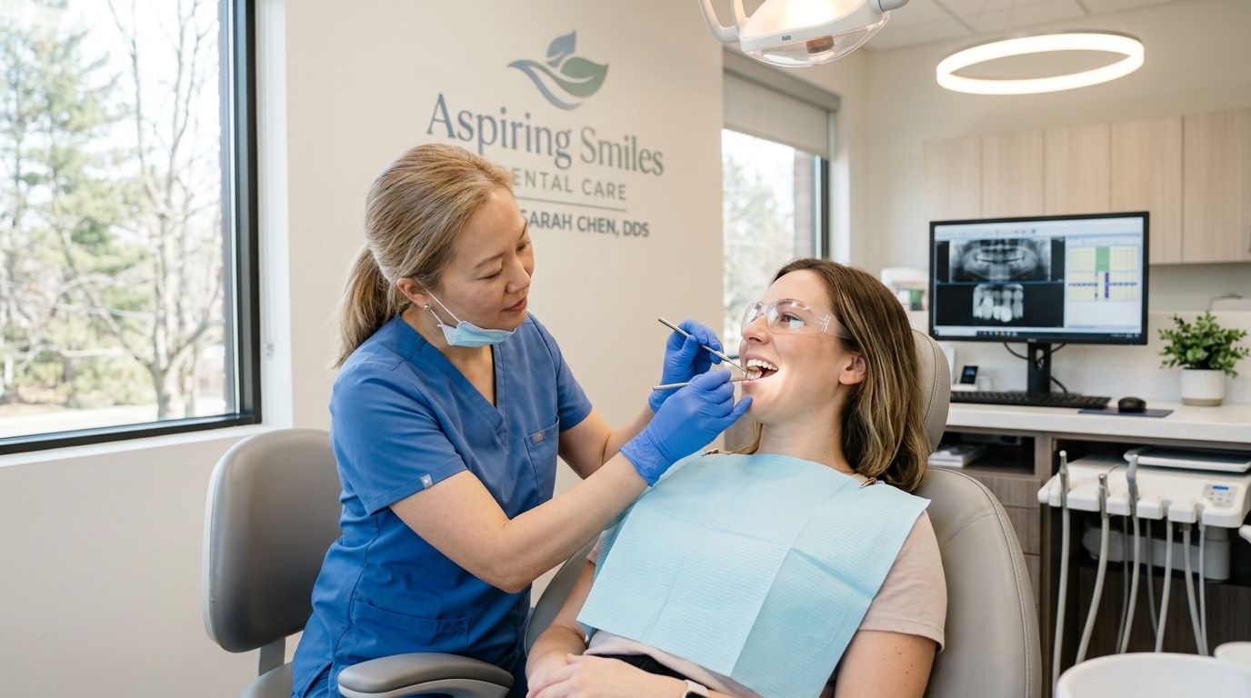 A female dentist examining a patient's teeth during a dental checkup in a bright professional office.