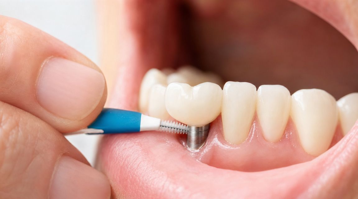 A person uses an interdental brush to clean around a dental implant in their lower jaw.