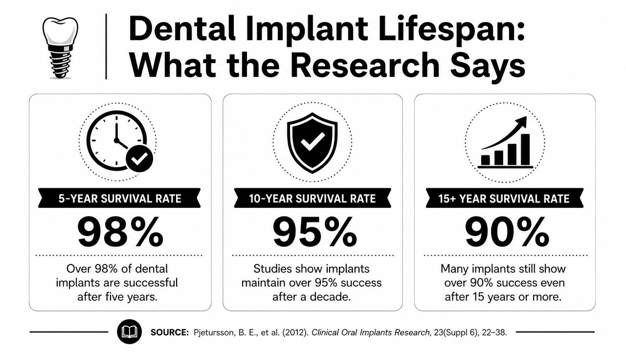 An infographic showing dental implant success rates of 98 percent after 5 years, 95 percent after 10, and 90 percent after 15.