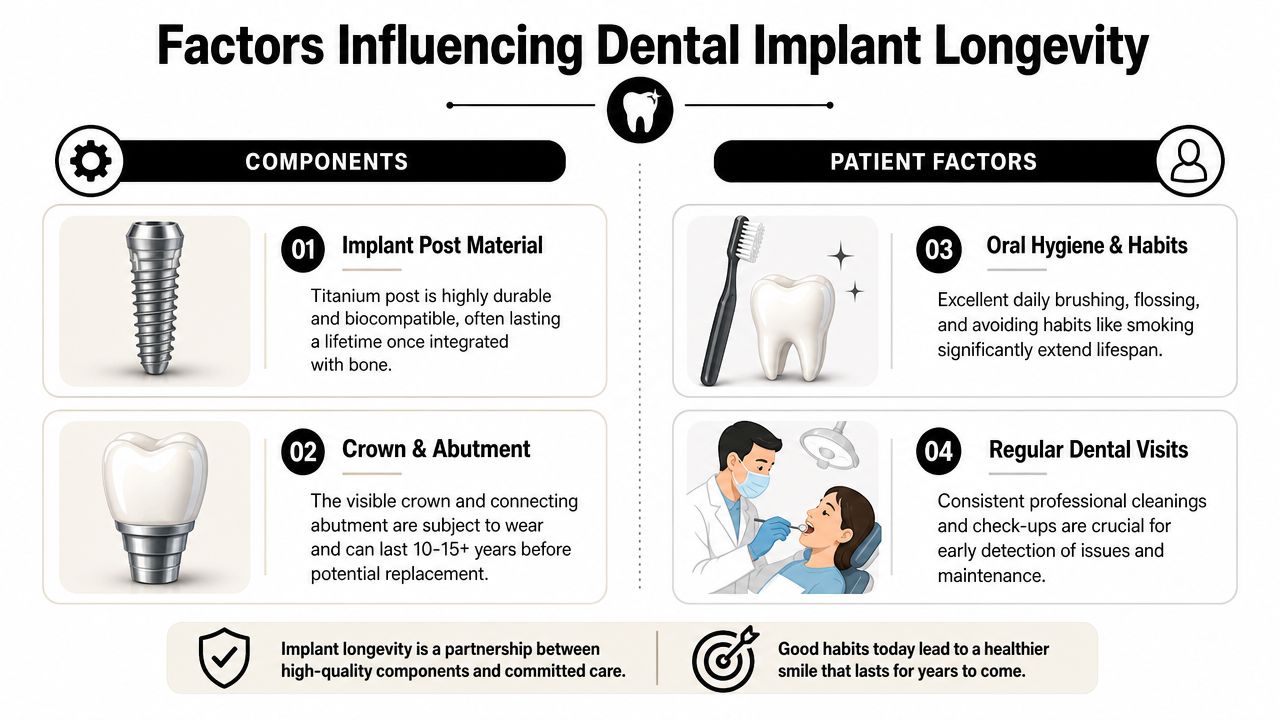 An infographic detailing the factors influencing dental implant longevity, including components and patient maintenance habits.