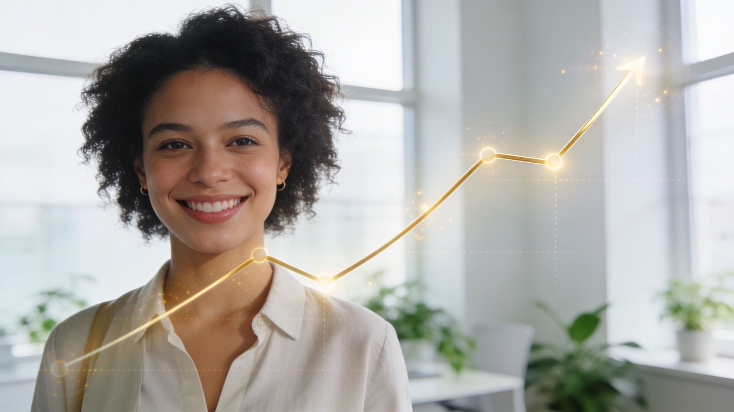 A professional woman smiling confidently in an office setting with a glowing upward financial growth graph overlay.