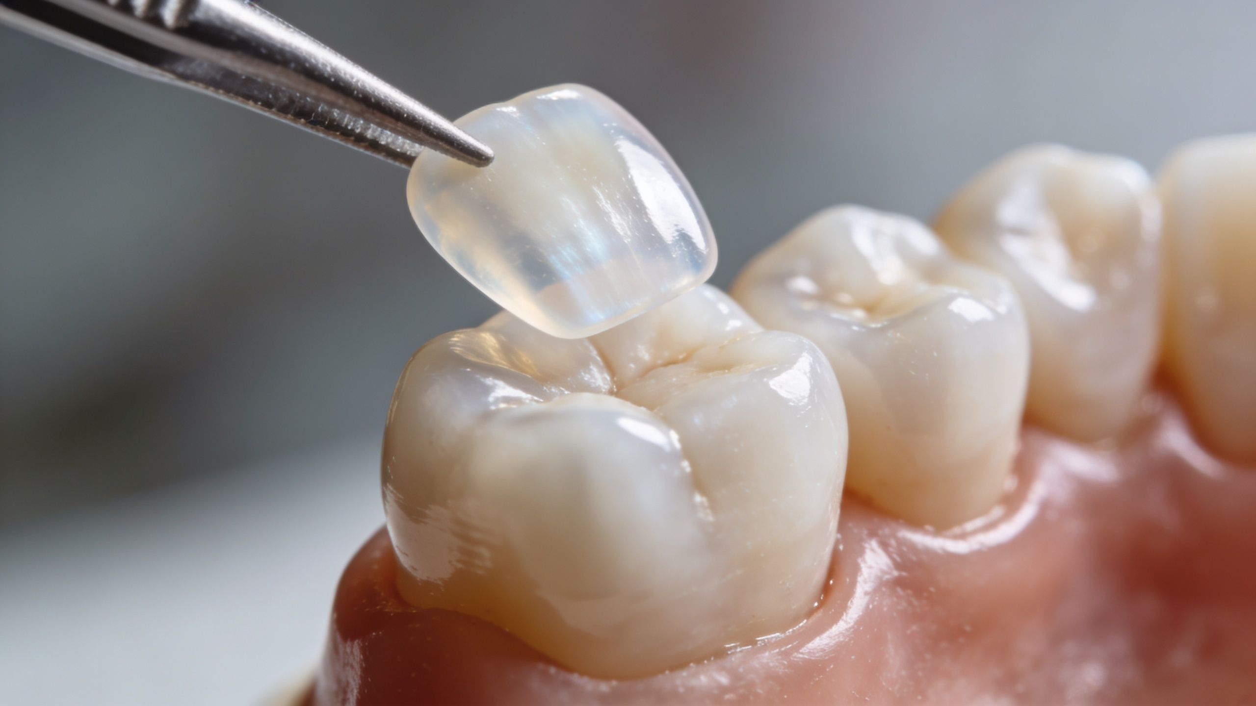 A dental professional holding a porcelain veneer with metal tweezers above a model tooth.