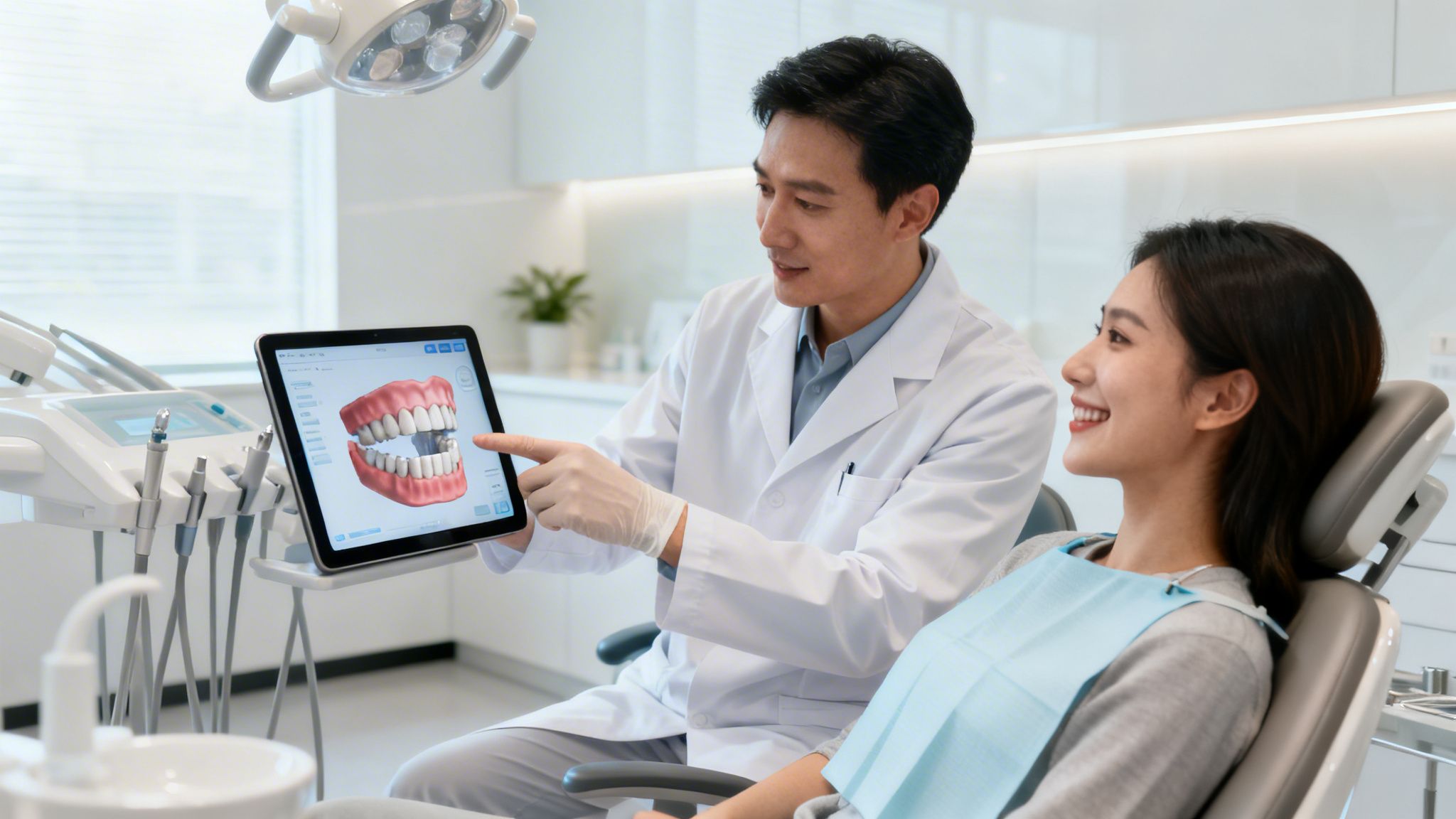 Dentist explains dental treatment to a smiling patient using a 3D teeth model on a tablet.