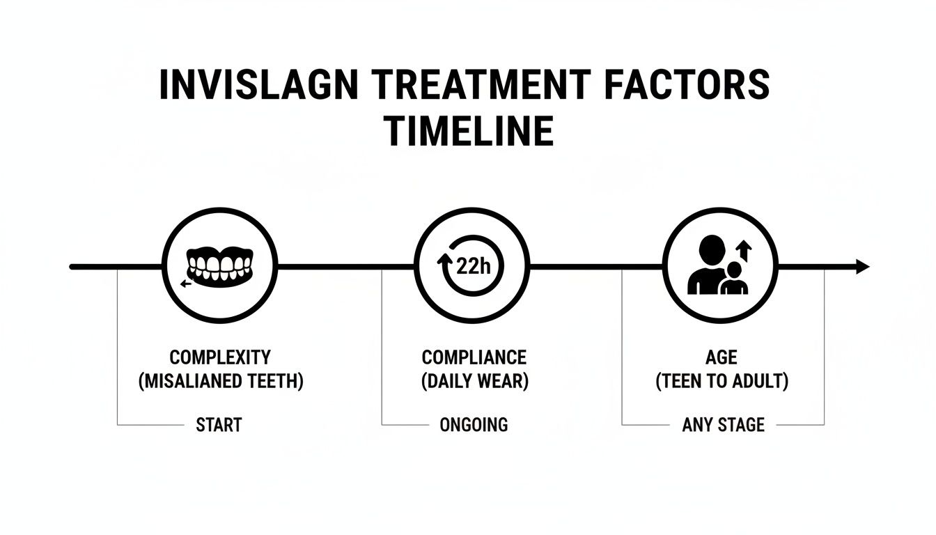 Invisalign treatment timeline illustrating key factors: complexity (misaligned teeth), daily wear compliance (22h), and patient age.