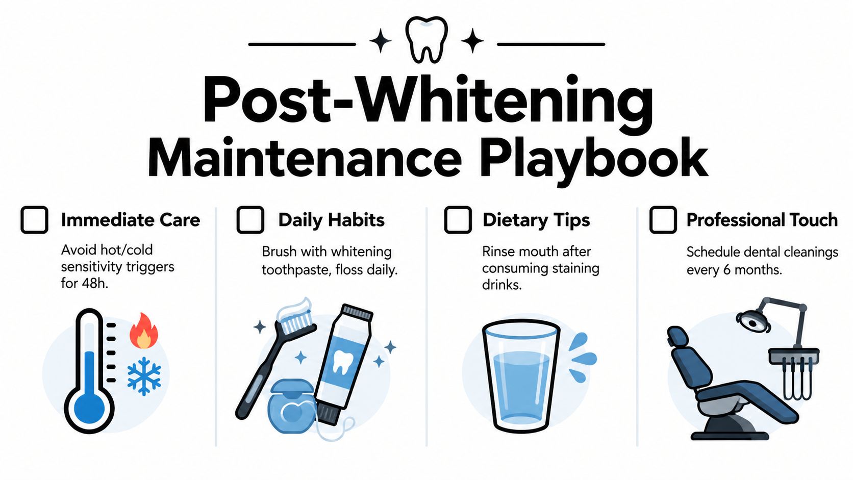 An infographic titled Post-Whitening Maintenance Playbook showing four steps for maintaining teeth whitening results after treatment.