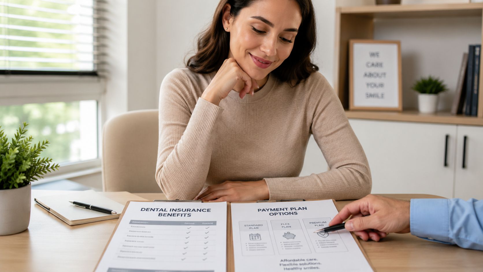 A woman reviewing dental insurance benefits and payment plans with a professional during a consultation.