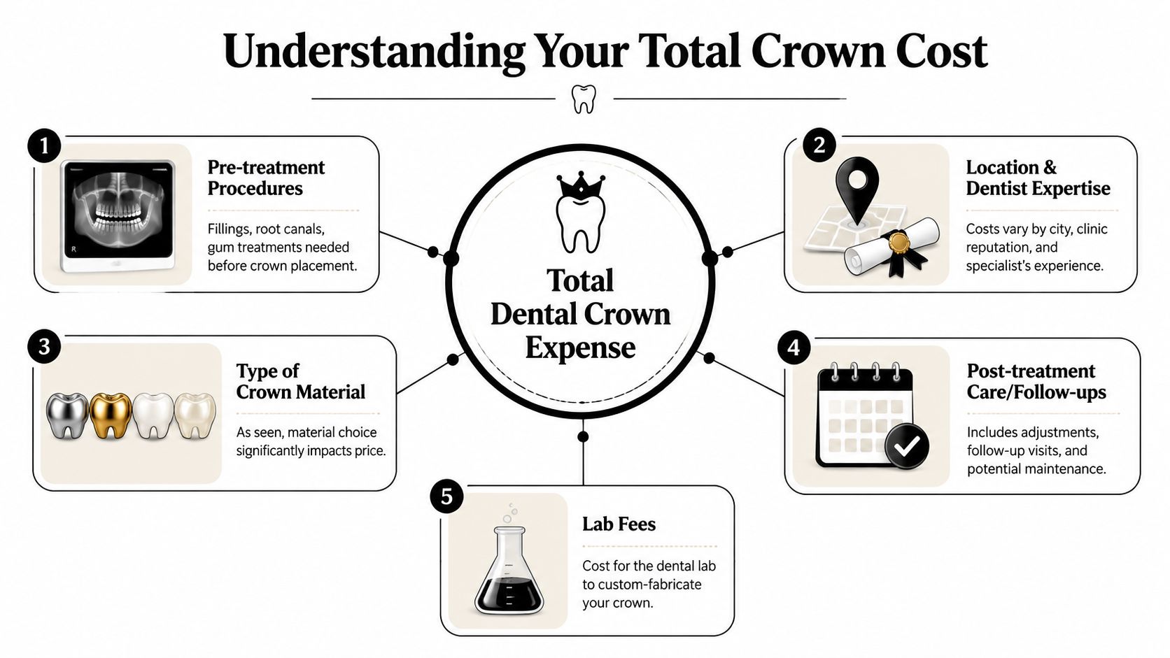 An infographic detailing the five key factors that influence the total cost of dental crowns.