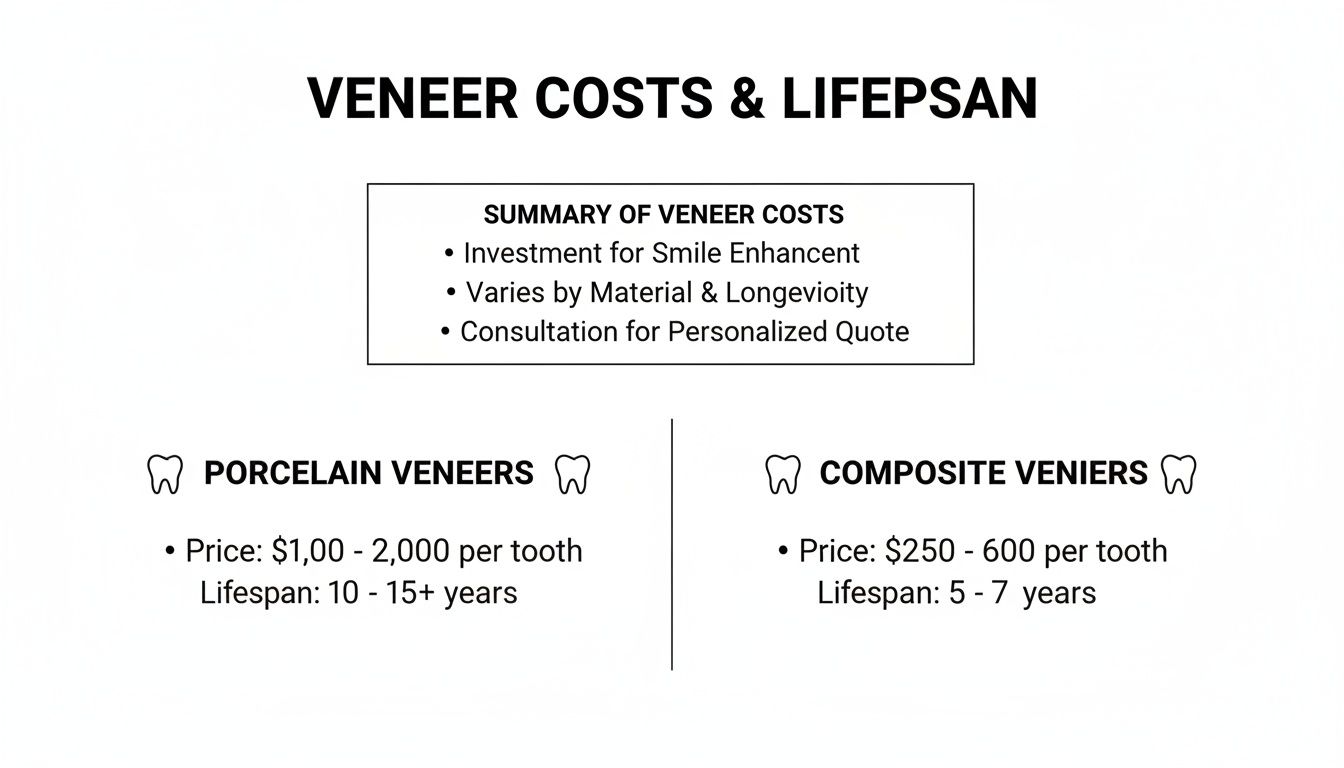 Infographic detailing veneer costs and lifespan, comparing porcelain and composite veneers' prices and durability.