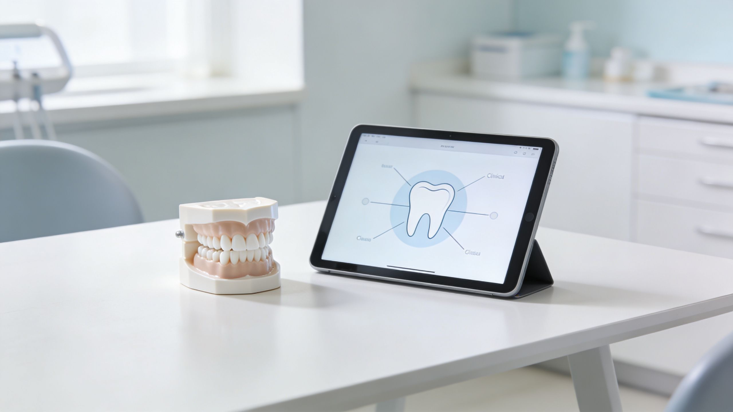 A model of human teeth and a digital tablet displaying dental information on a clinic table.