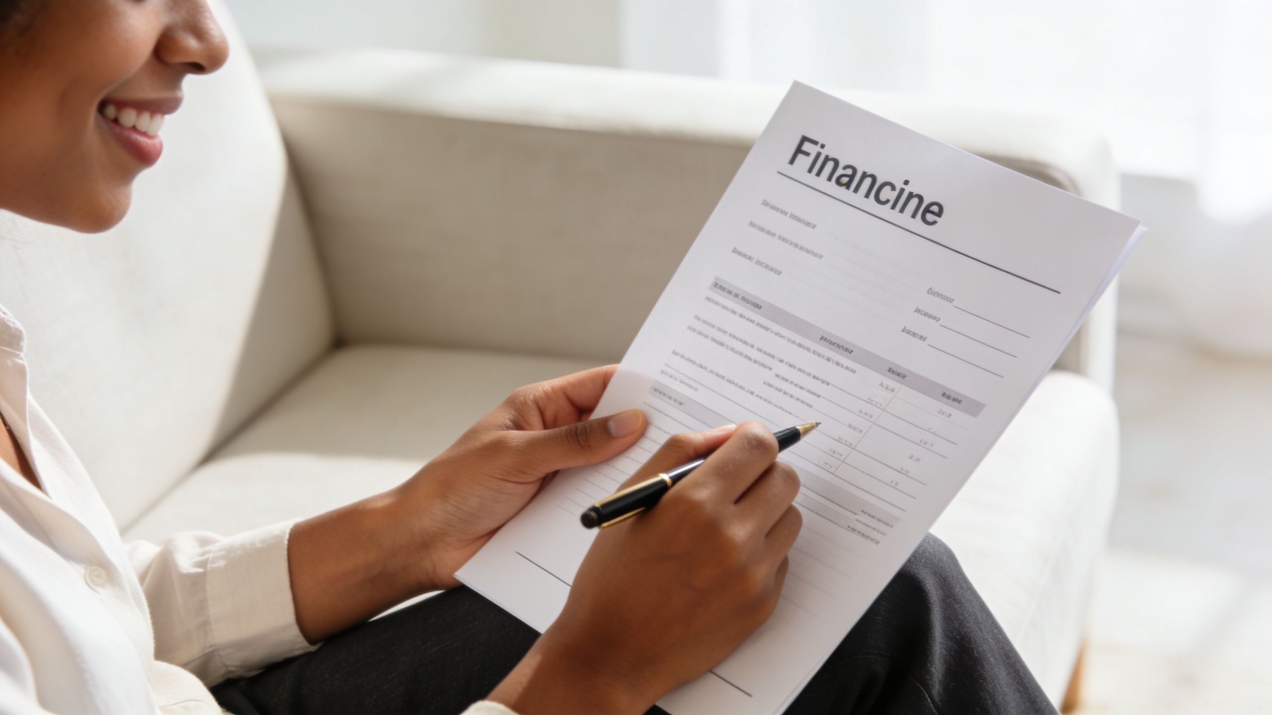 A smiling woman sitting on a couch and reviewing a finance document with a pen in hand.