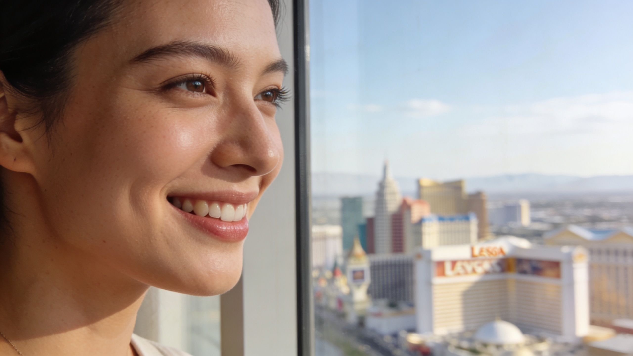 A smiling young woman looking out of a window at a sunny Las Vegas city view.