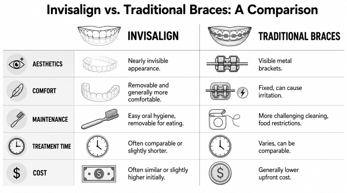 A comparison chart showing the differences between Invisalign clear aligners and traditional metal dental braces.