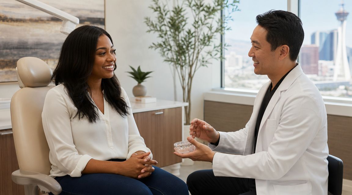 A friendly dentist explaining Invisalign treatment options to a smiling female patient in a modern office.