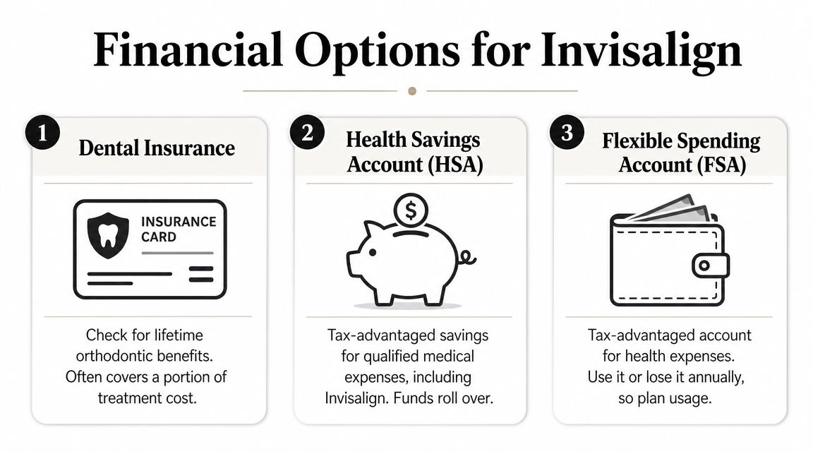 An infographic showing three financial options for Invisalign, including dental insurance, HSA, and FSA accounts.