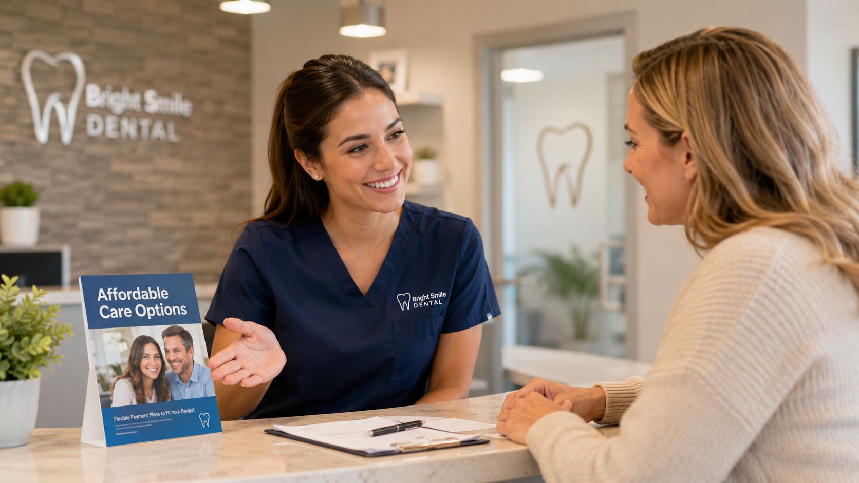 A friendly dental receptionist discusses affordable payment options with a patient at a modern dental office front desk.