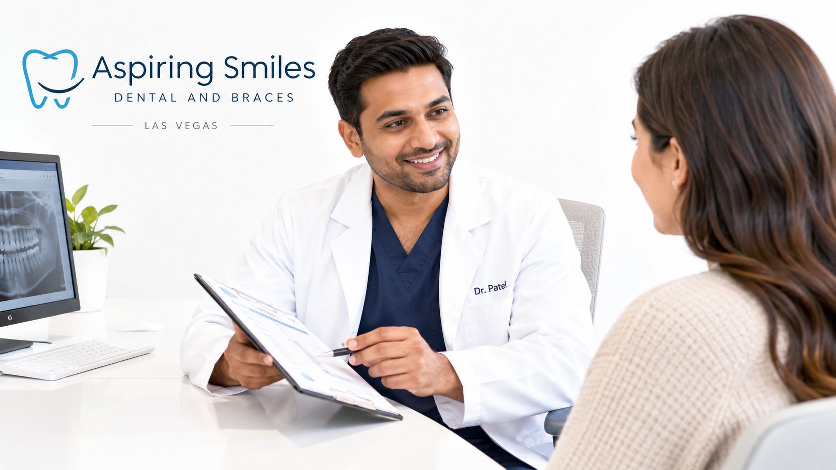 A friendly male dentist in a white coat consulting a patient about dental X-rays in office.