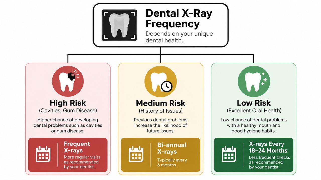 A dental infographic explaining how often individuals should get X-rays based on their oral health risk levels.