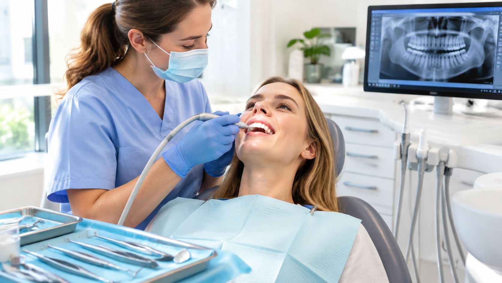 A professional dentist performing a teeth cleaning procedure on a happy patient in a modern dental clinic.