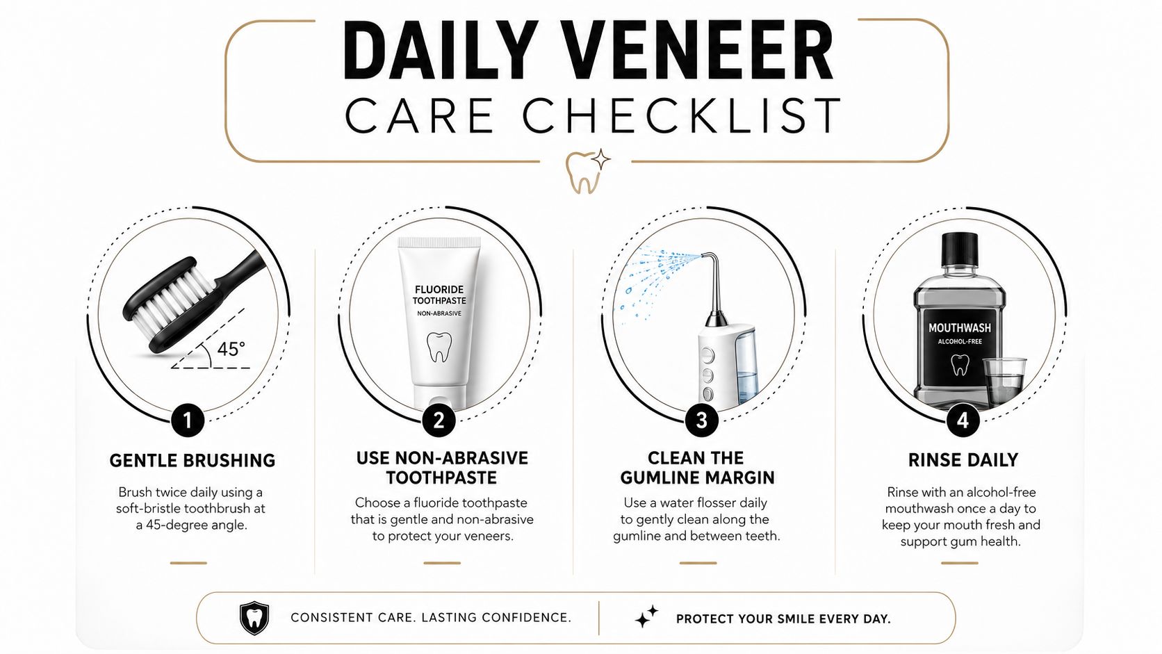 A four-step daily care checklist infographic for maintaining dental veneers using gentle brushing, non-abrasive toothpaste, water flossing, and mouthwash.