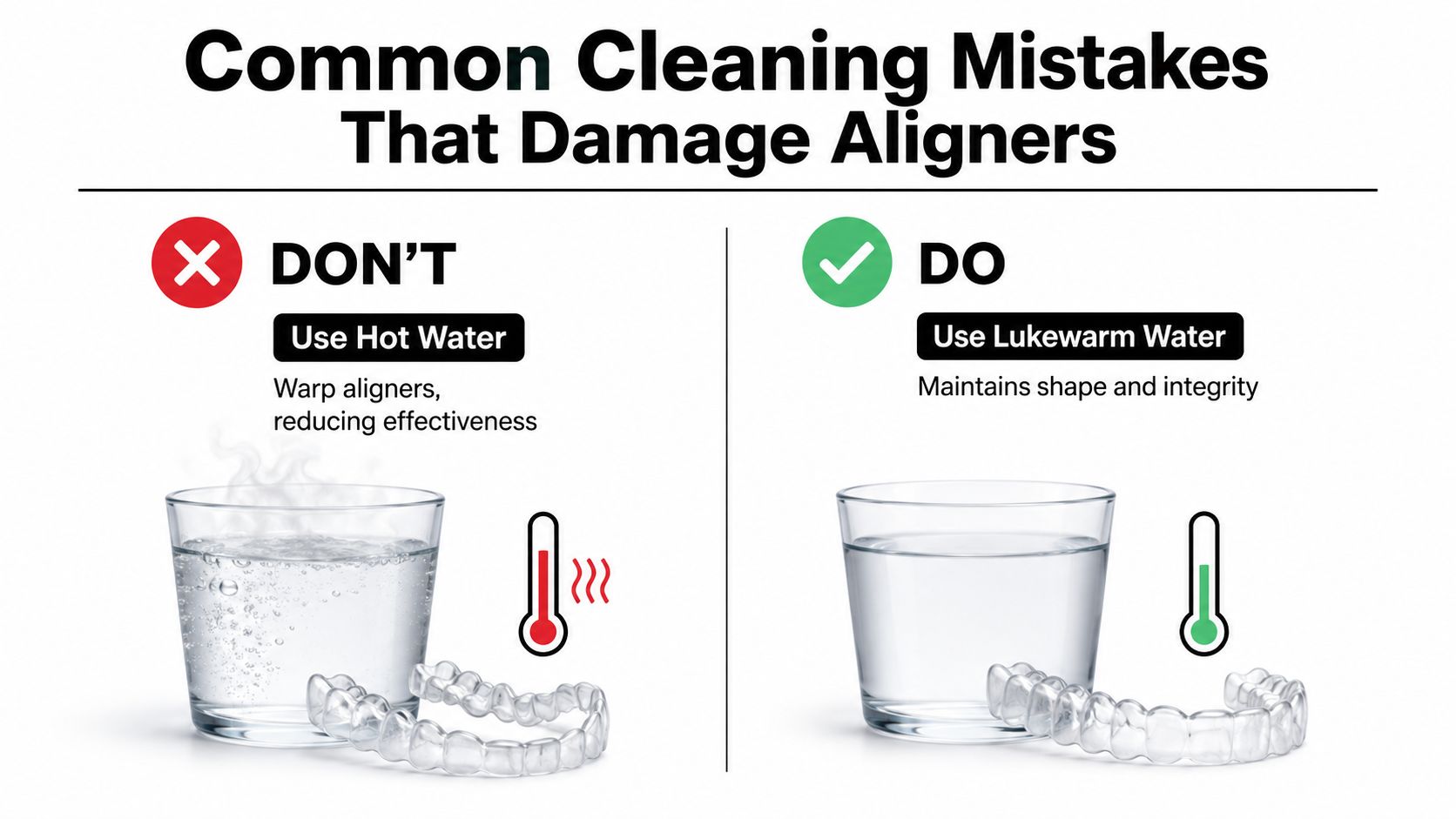 A comparison chart showing that using hot water can warp aligners while lukewarm water keeps them clean.
