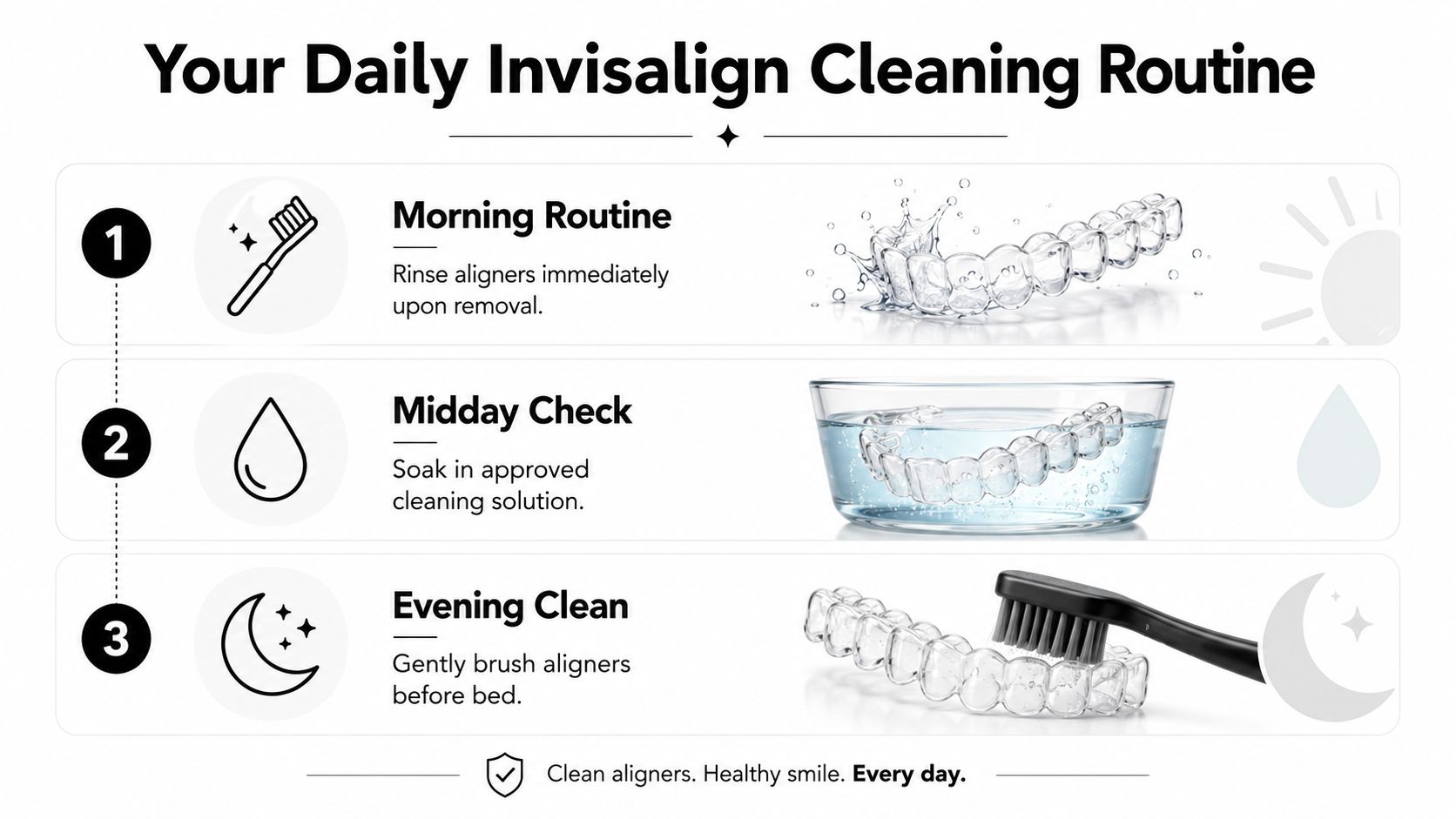 A simple infographic guide demonstrating three daily cleaning steps for Invisalign dental aligners using water and brushing.