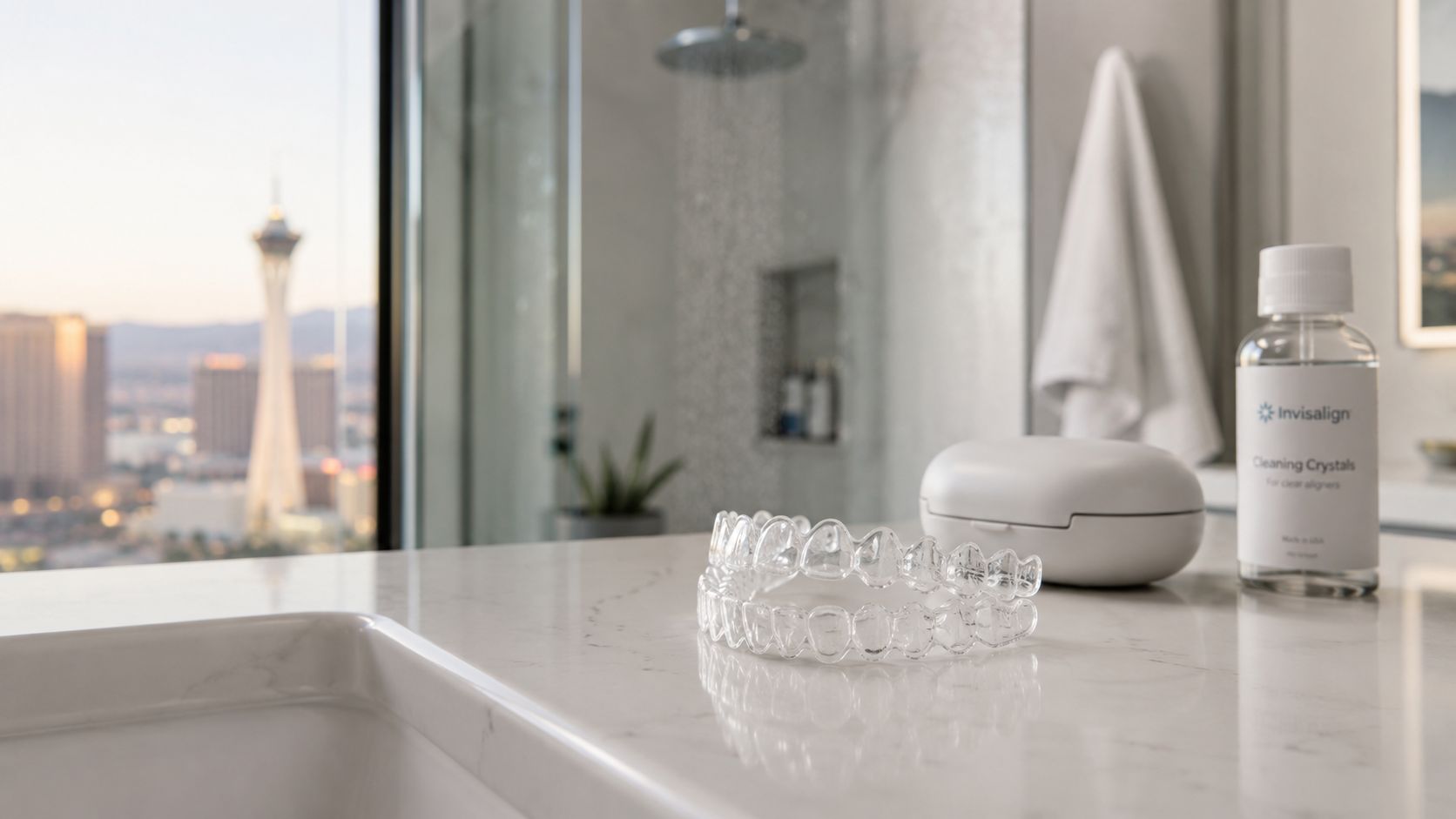 Clear Invisalign aligners sitting next to a cleaning crystal solution and a storage case on a bathroom counter.