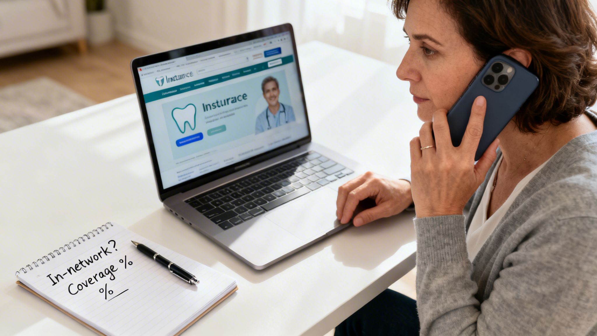 A woman talking on a smartphone while searching for dental insurance options on her laptop computer.
