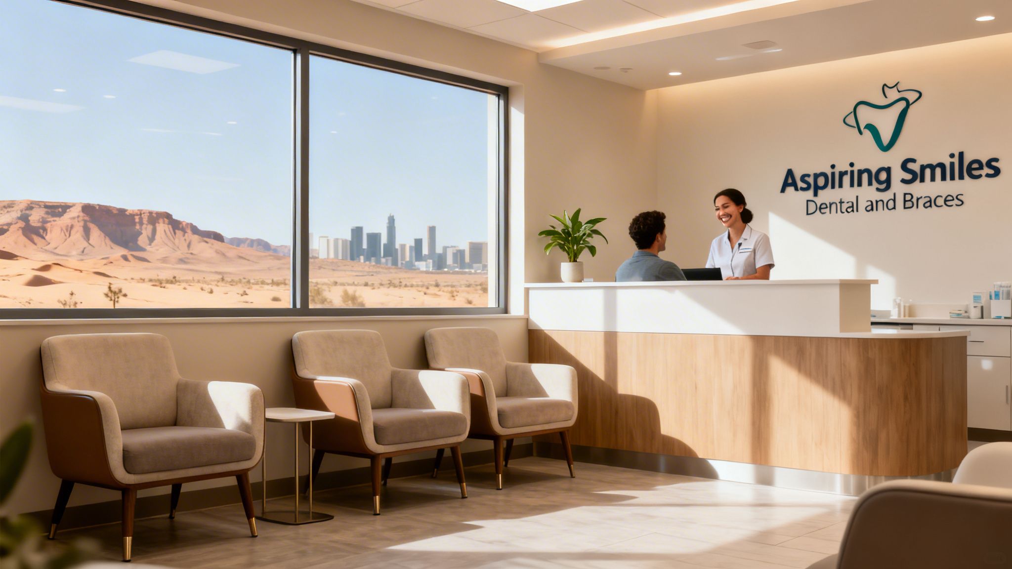 A friendly receptionist assists a patient at a modern dental office with a desert city view.