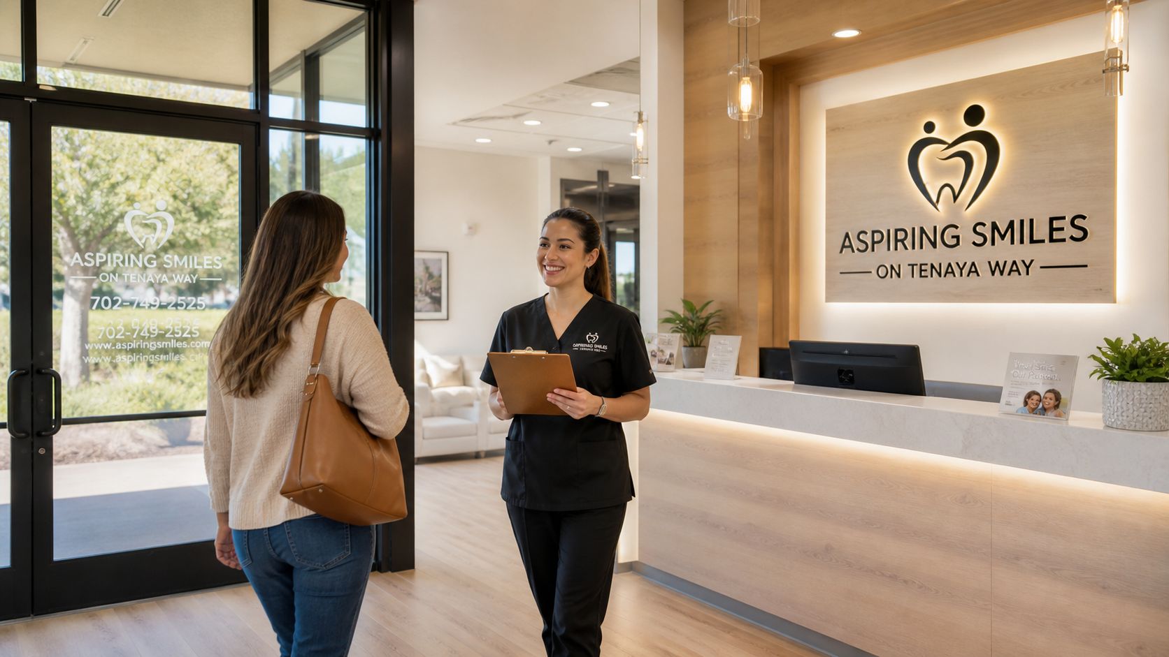 A friendly dental assistant greets a patient in the modern lobby of Aspiring Smiles on Tenaya Way.
