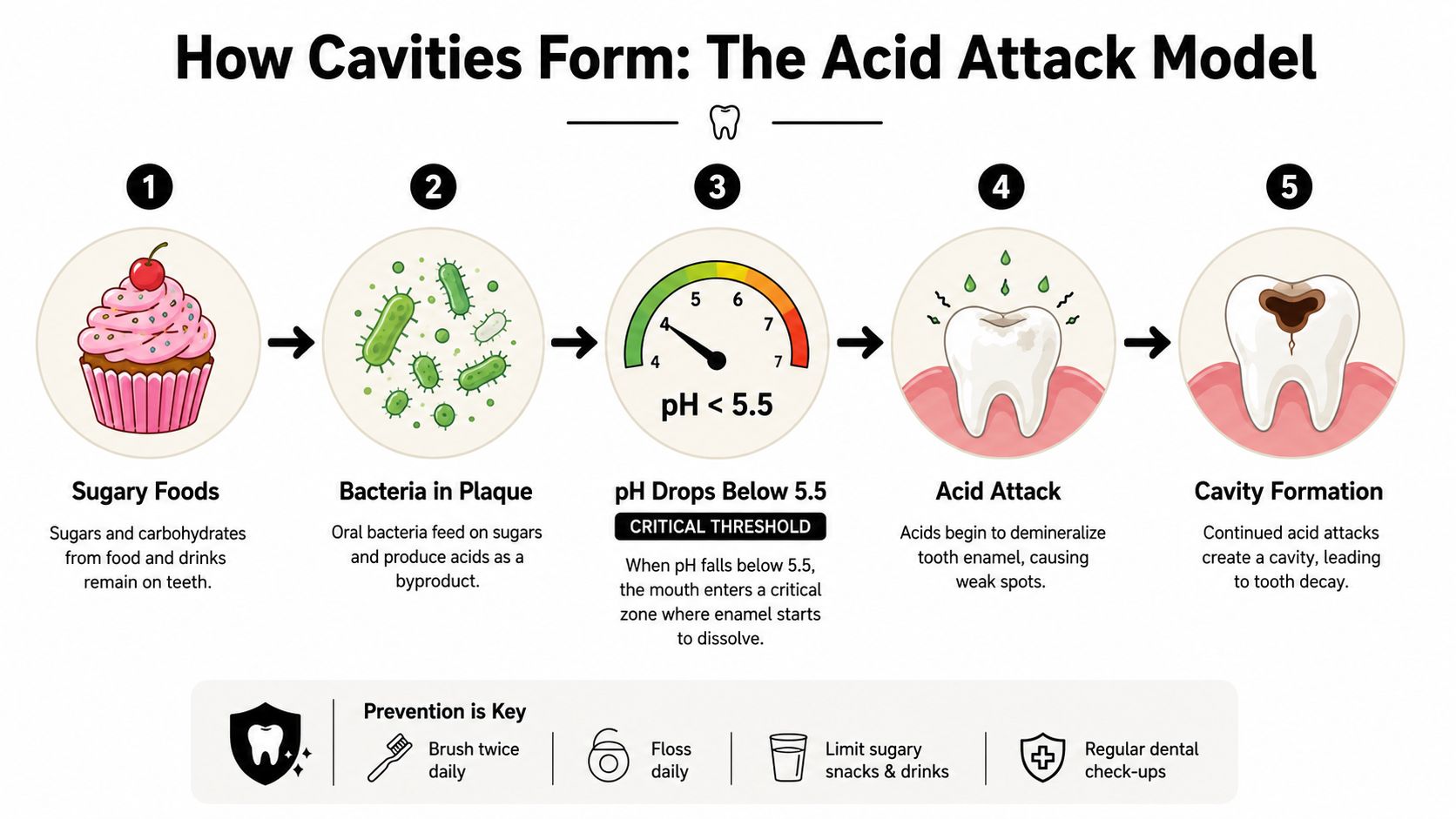 A five-step infographic showing how sugar consumption leads to bacteria, acid, and eventually dental cavity formation.