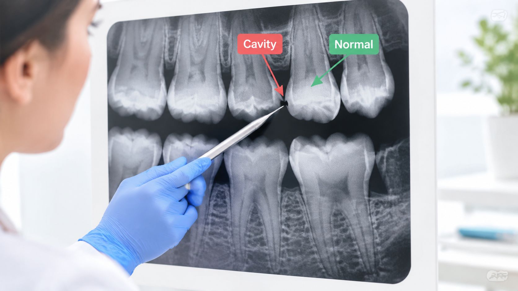 A dentist wearing blue gloves points to a cavity on a digital dental X-ray screen display.
