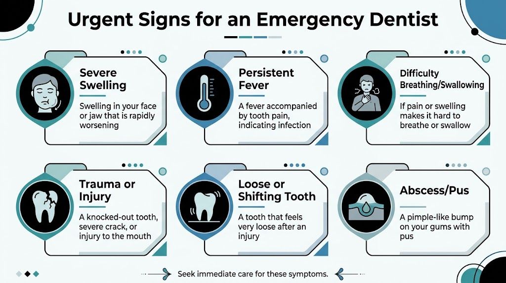 An infographic detailing six urgent signs and symptoms that require seeing an emergency dentist immediately.