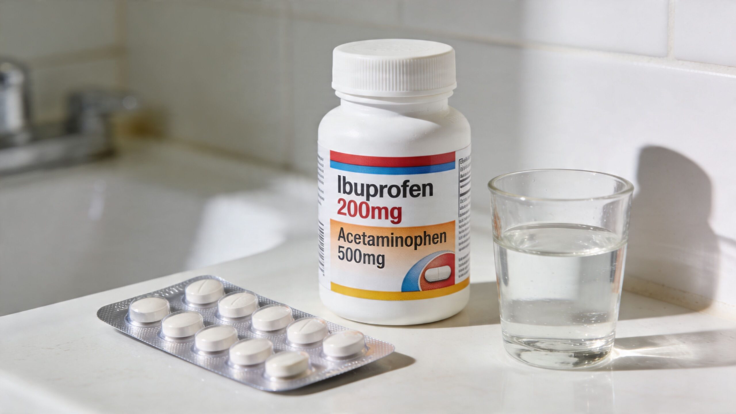 A pill bottle labeled Ibuprofen and Acetaminophen sits on a bathroom counter next to a glass of water.