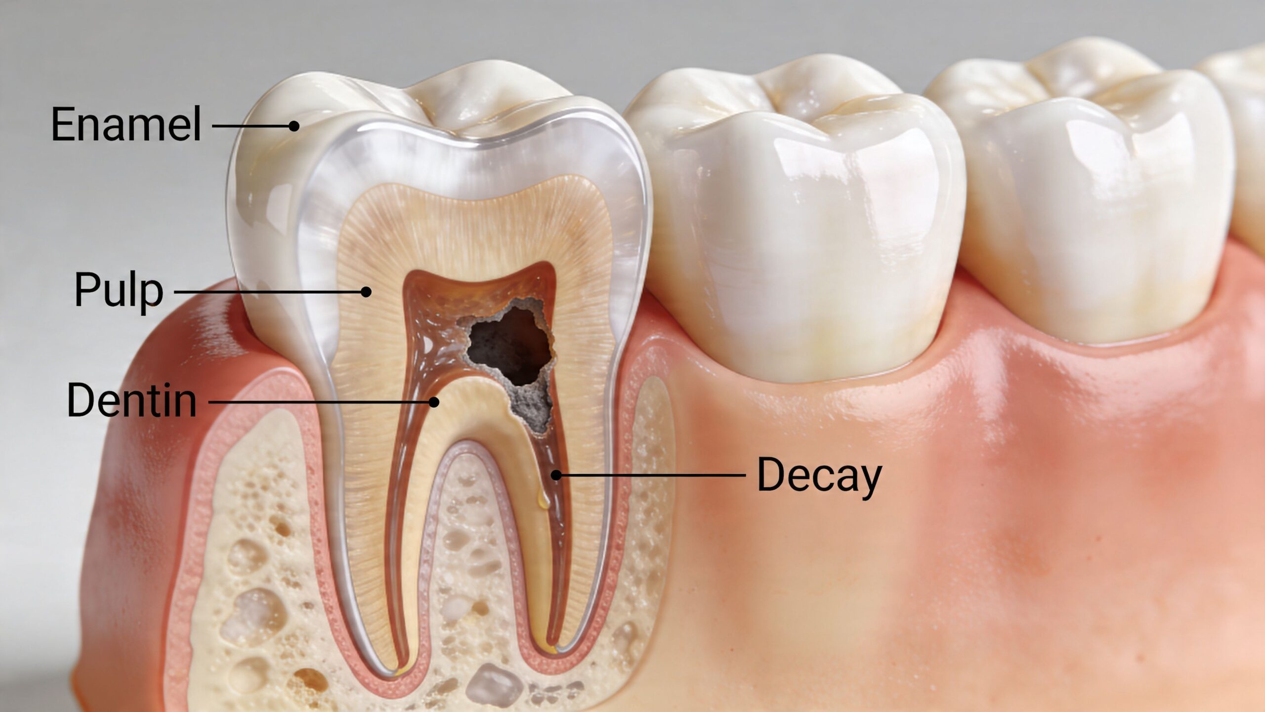 A cross-section illustration showing a human molar tooth with significant decay affecting the enamel and dentin.