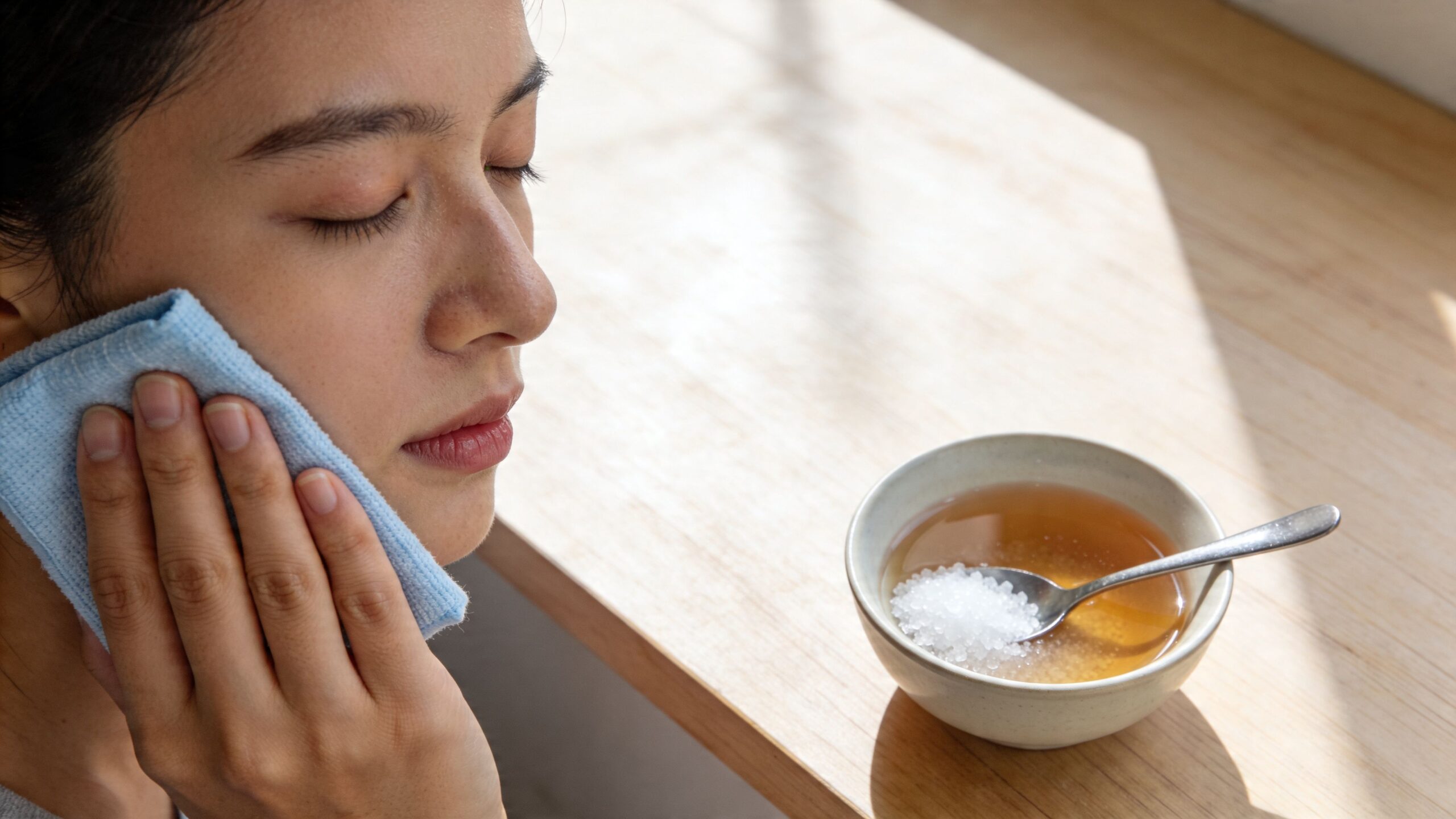 A woman holding a blue cloth to her face while a bowl with salt water sits nearby.