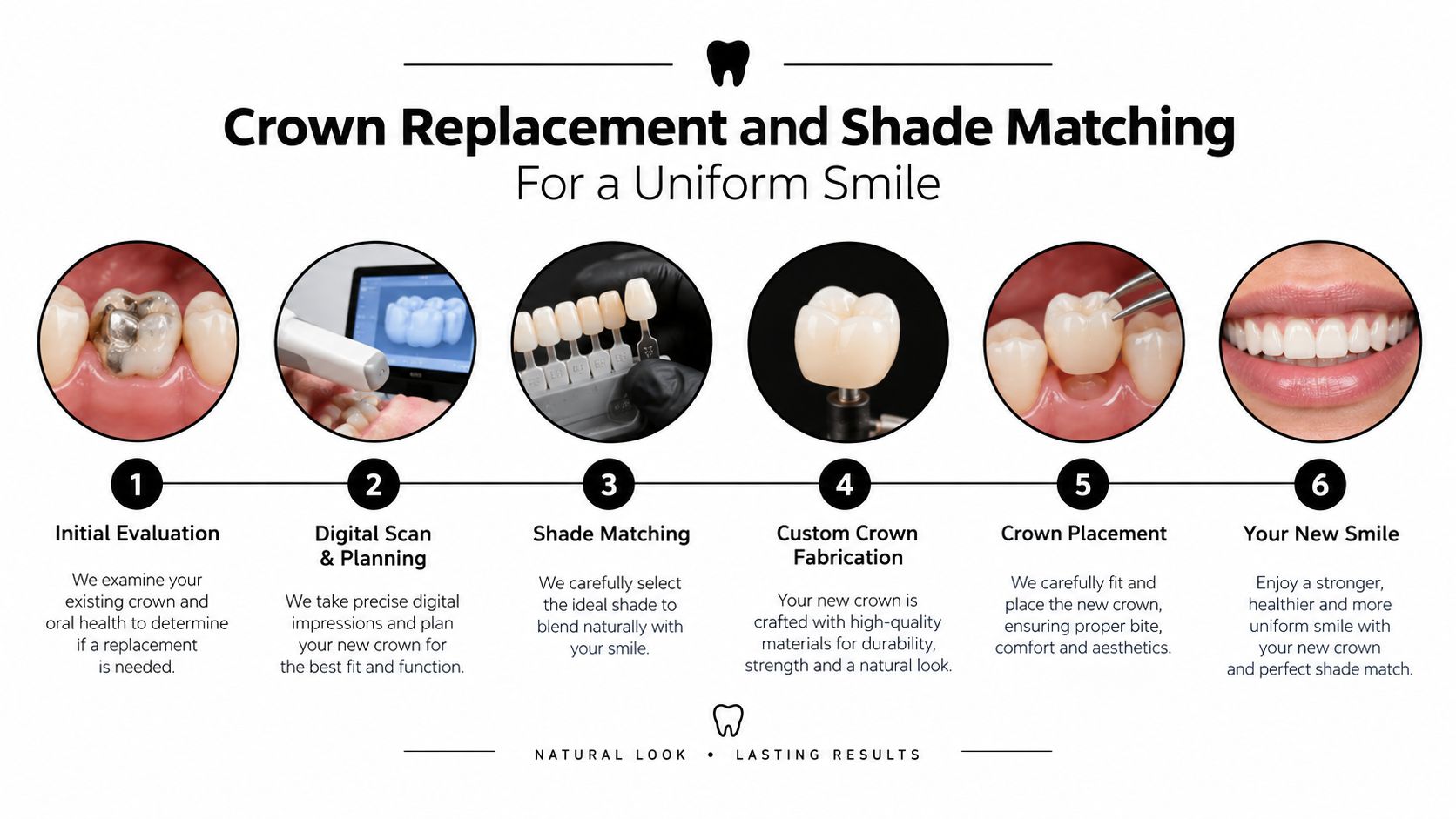 A six-step infographic explaining the process of crown replacement and shade matching for a natural, uniform smile.