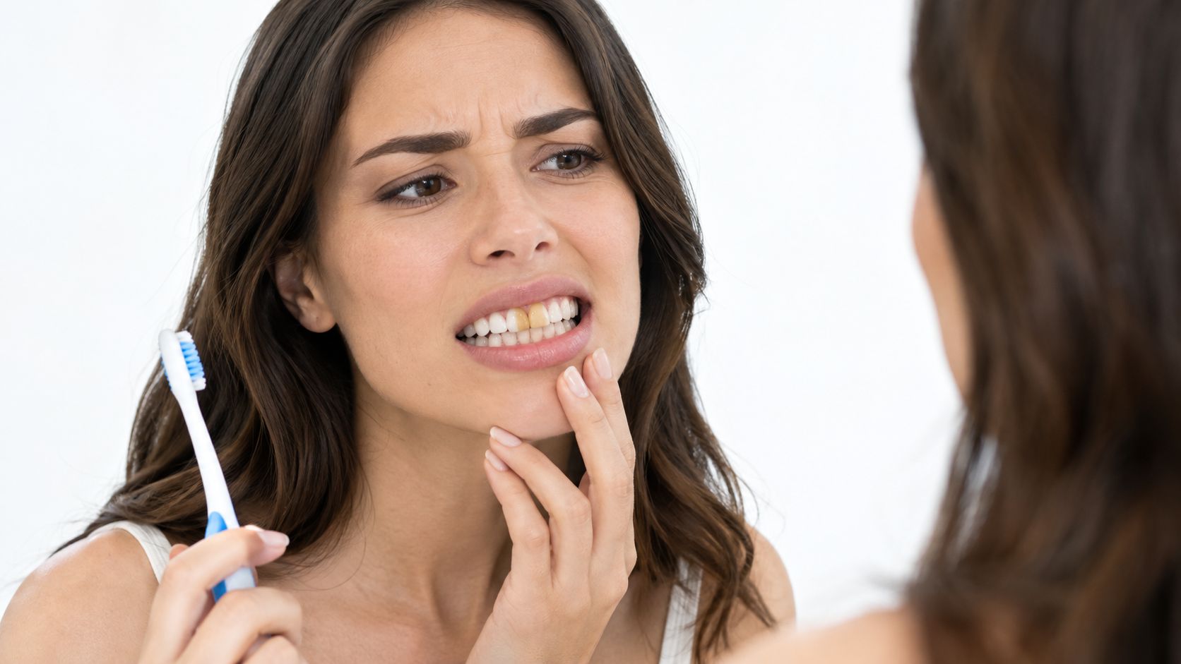 A woman looks concerned at her reflection while holding a toothbrush and examining her stained teeth.